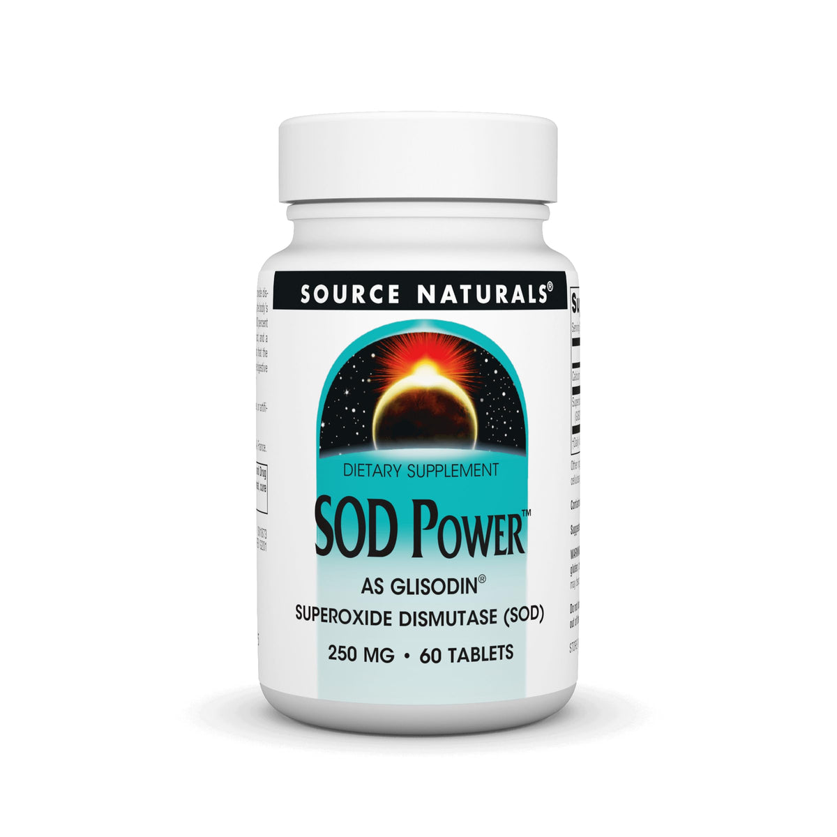 Source Naturals frasco frontal de SOD Power que muestra la etiqueta y tamaño