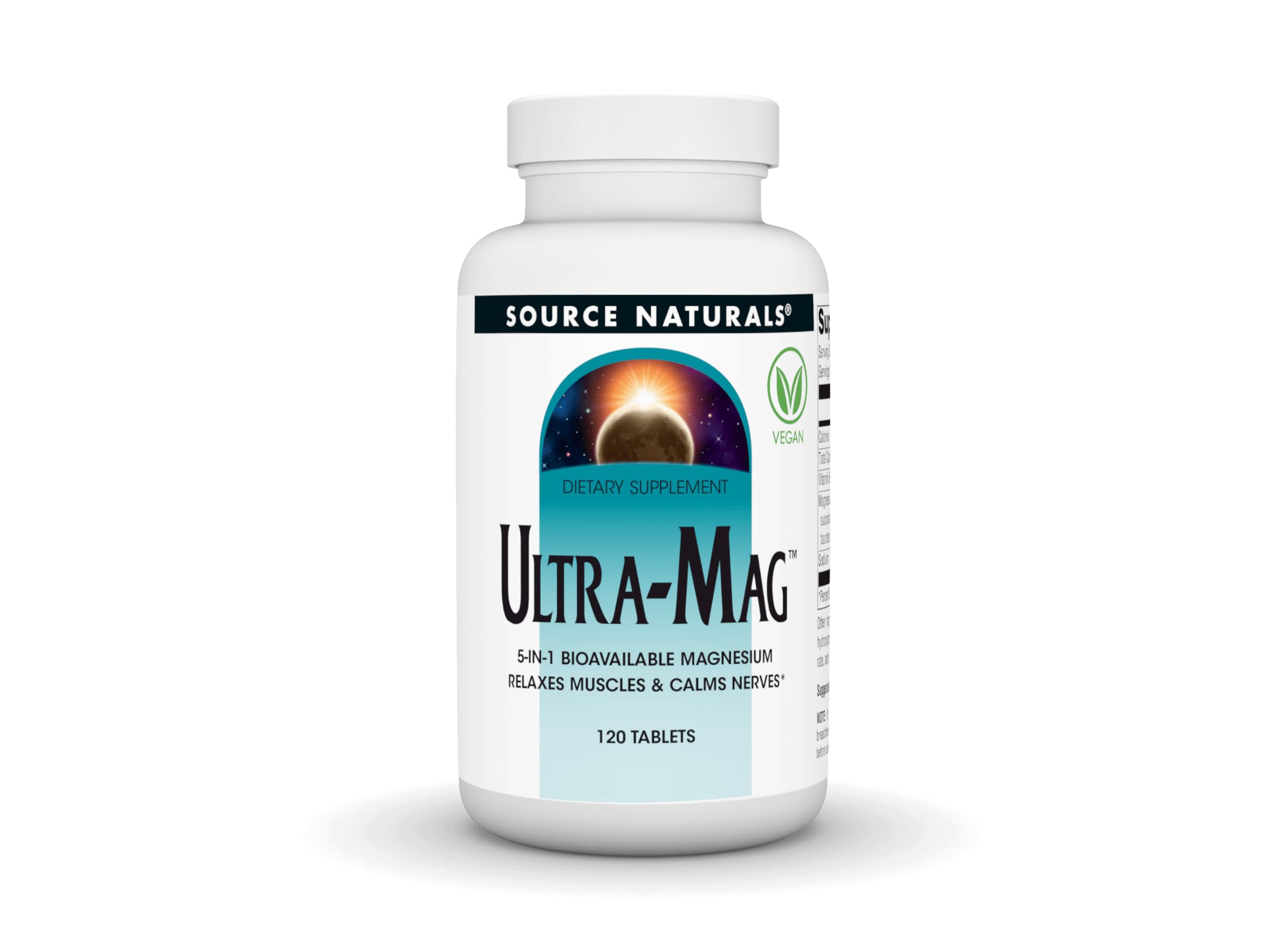 Source Naturals frasco Ultra-Mag vista frontal y etiqueta clara