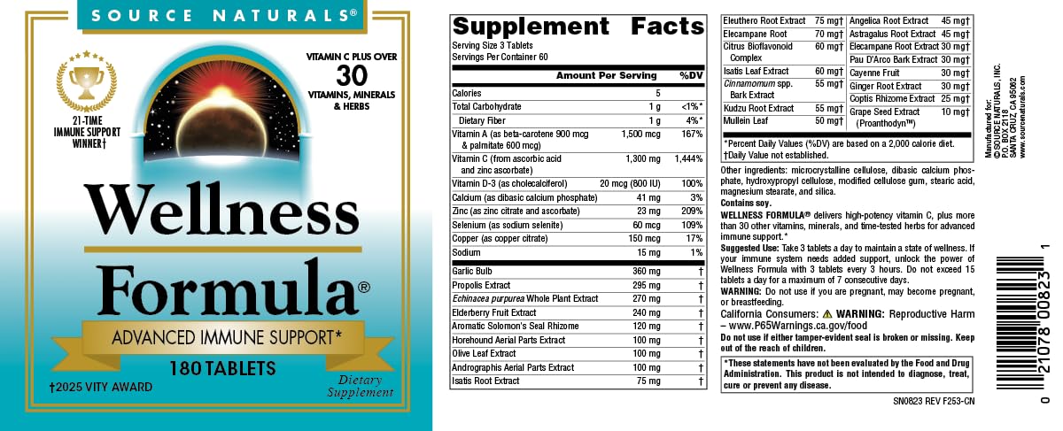 Source Naturals etiqueta con lista de ingredientes y detalles de composición