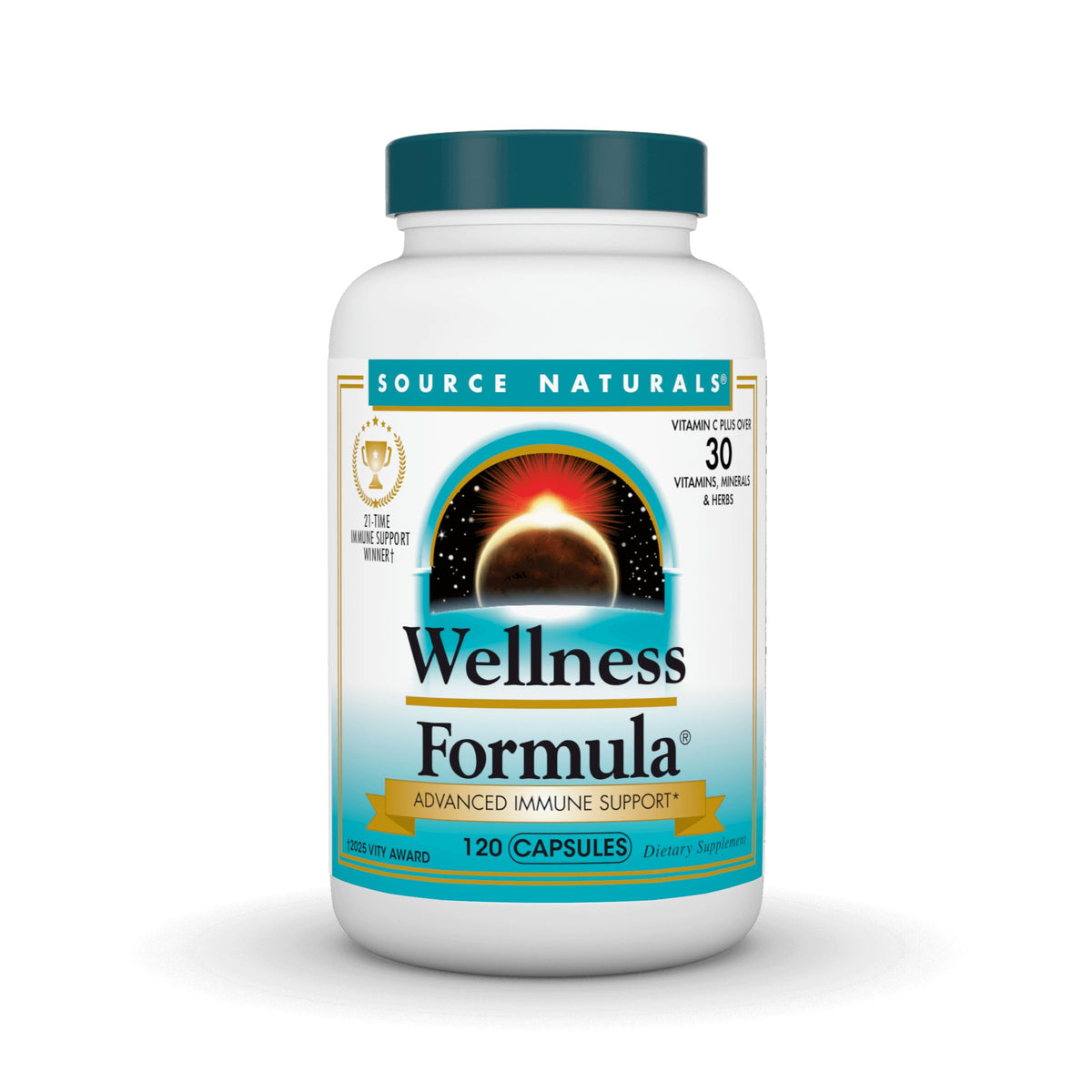 Source Naturals frasco frontal mostrando 120 cápsulas y sello de calidad