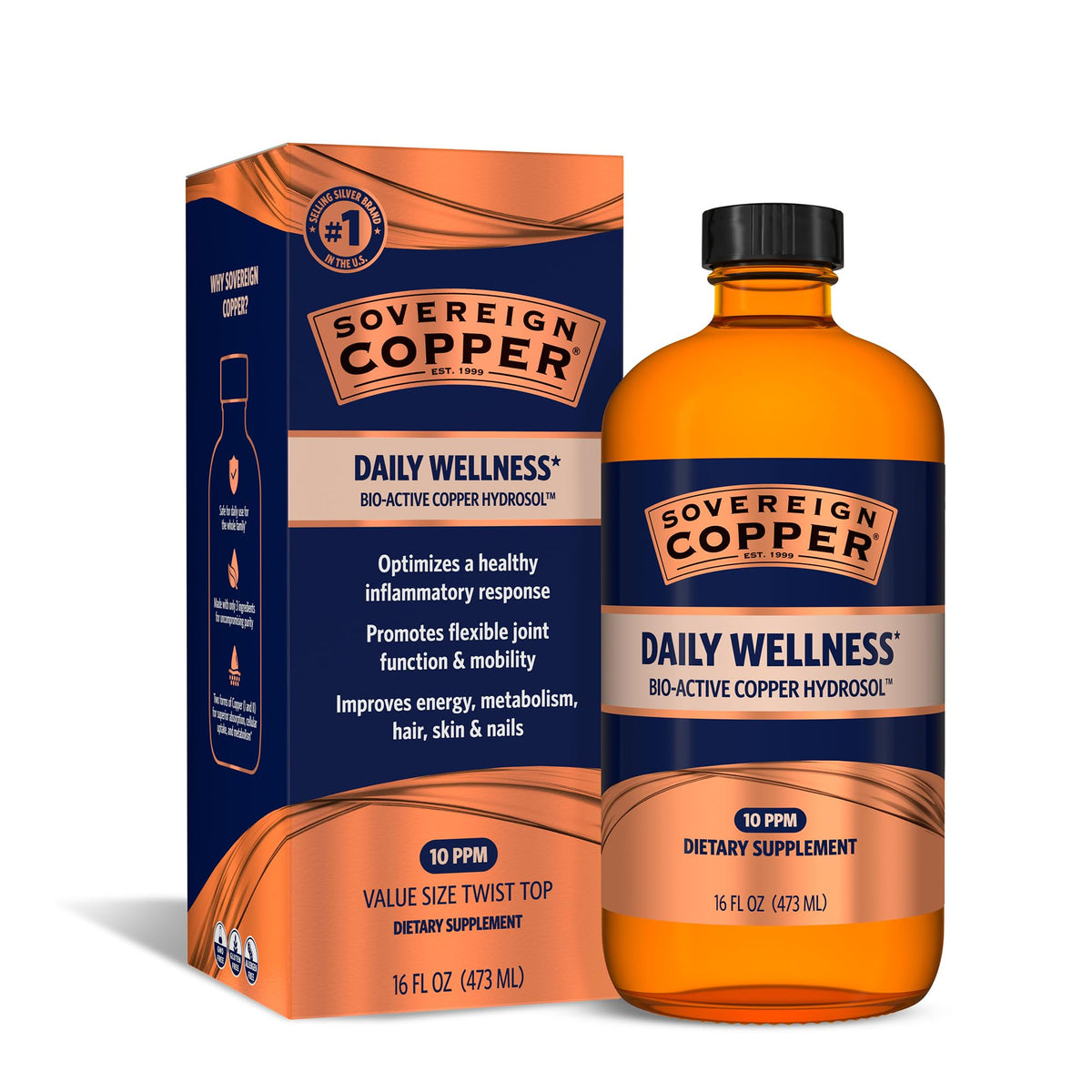 Sovereign Copper botella frontal mostrando envase y volumen, beneficio claridad de fórmula