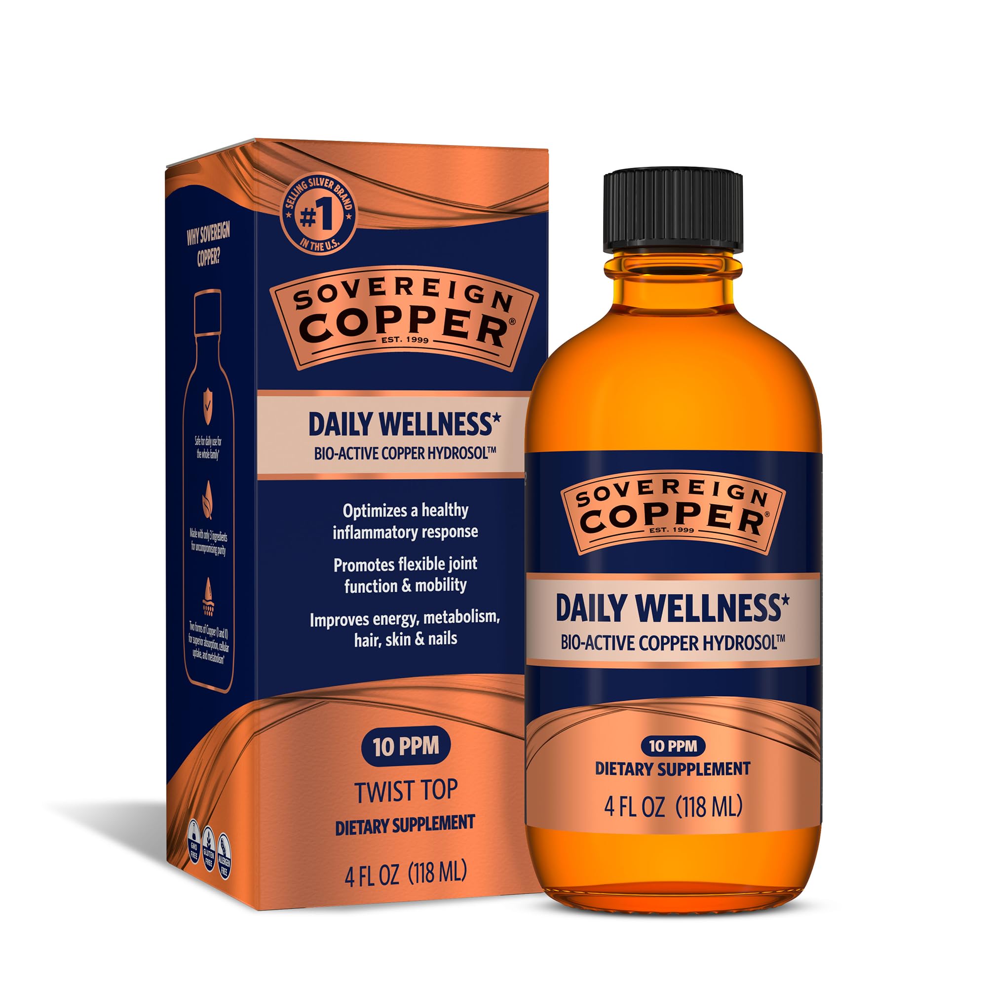 Sovereign Copper frente del envase mostrando botella y marca, beneficio conveniencia
