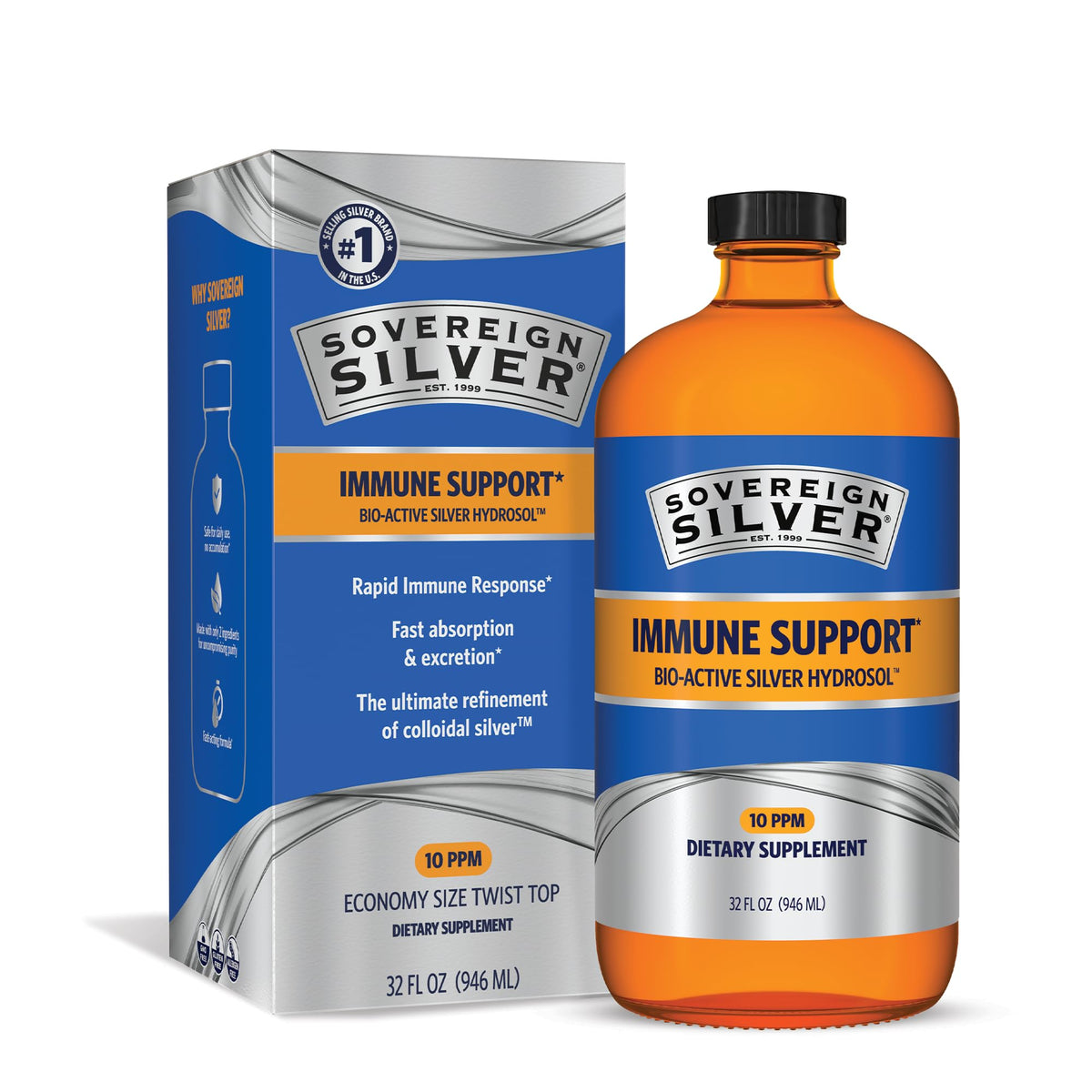 Sovereign Silver botella 32 oz frente, claridad y volumen útil