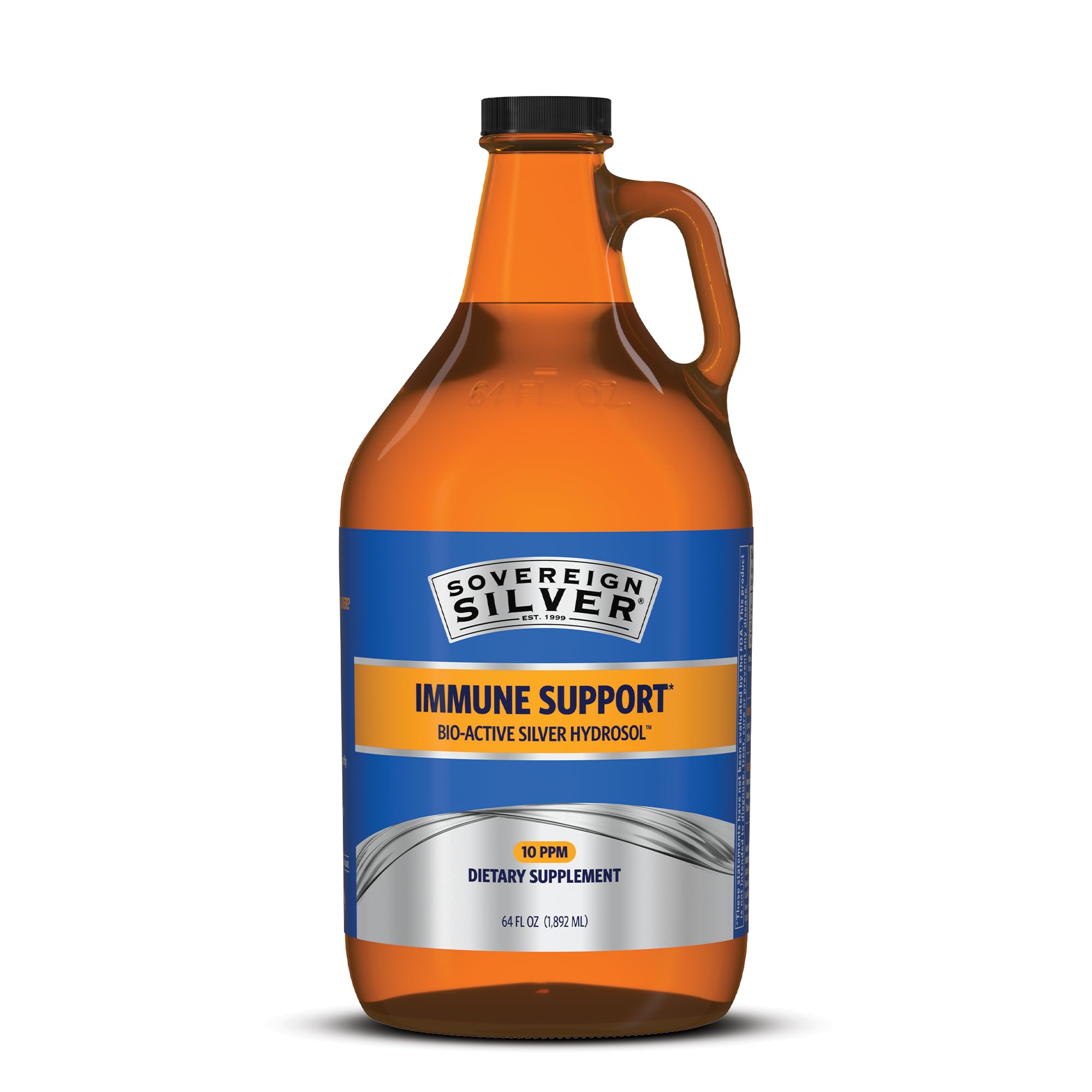 Sovereign Silver frasco frontal 64 fl oz mostrando etiqueta y vidrio ámbar como beneficio de preservación