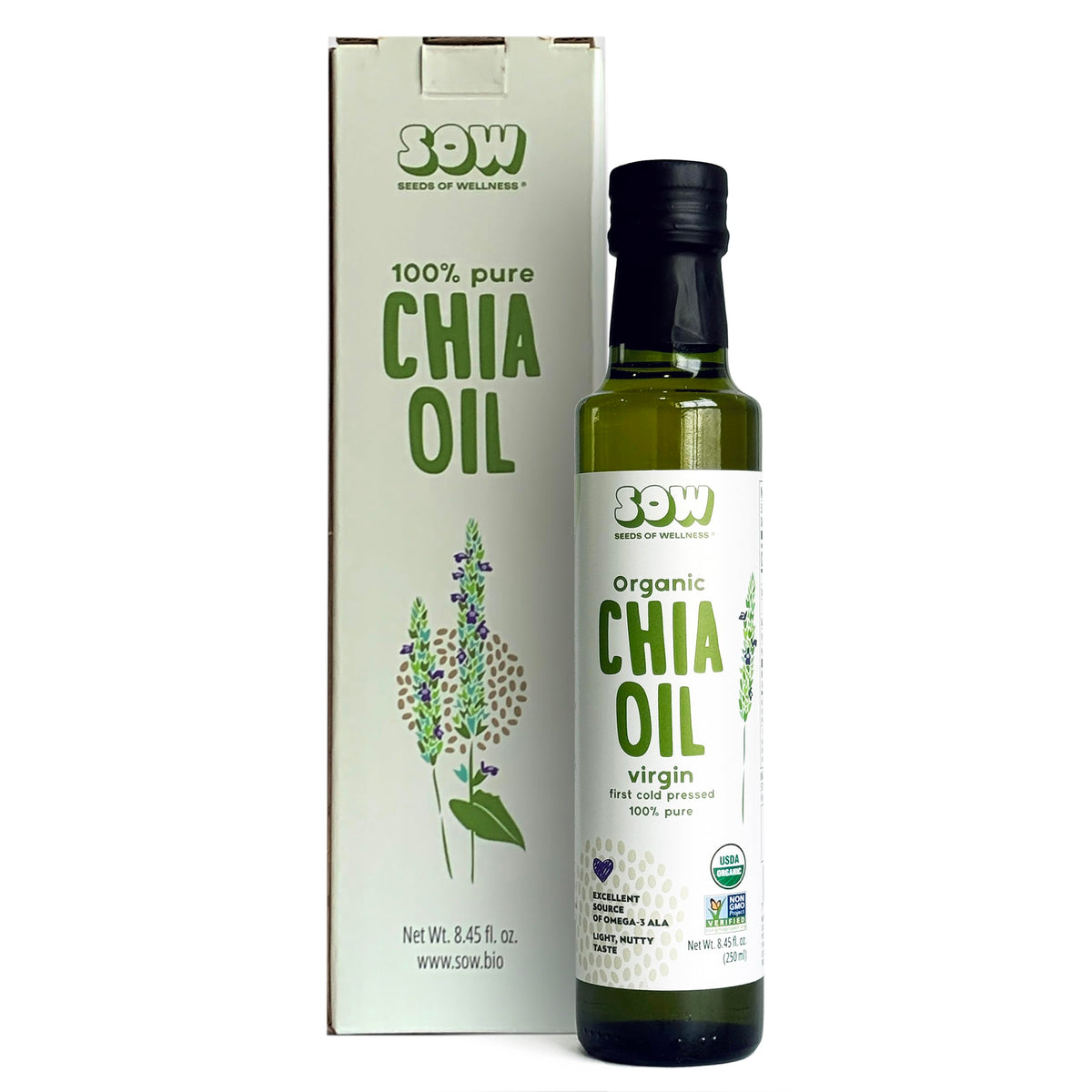 Seeds of Wellness botella frontal mostrando aceite de chía, beneficio: pureza orgánica