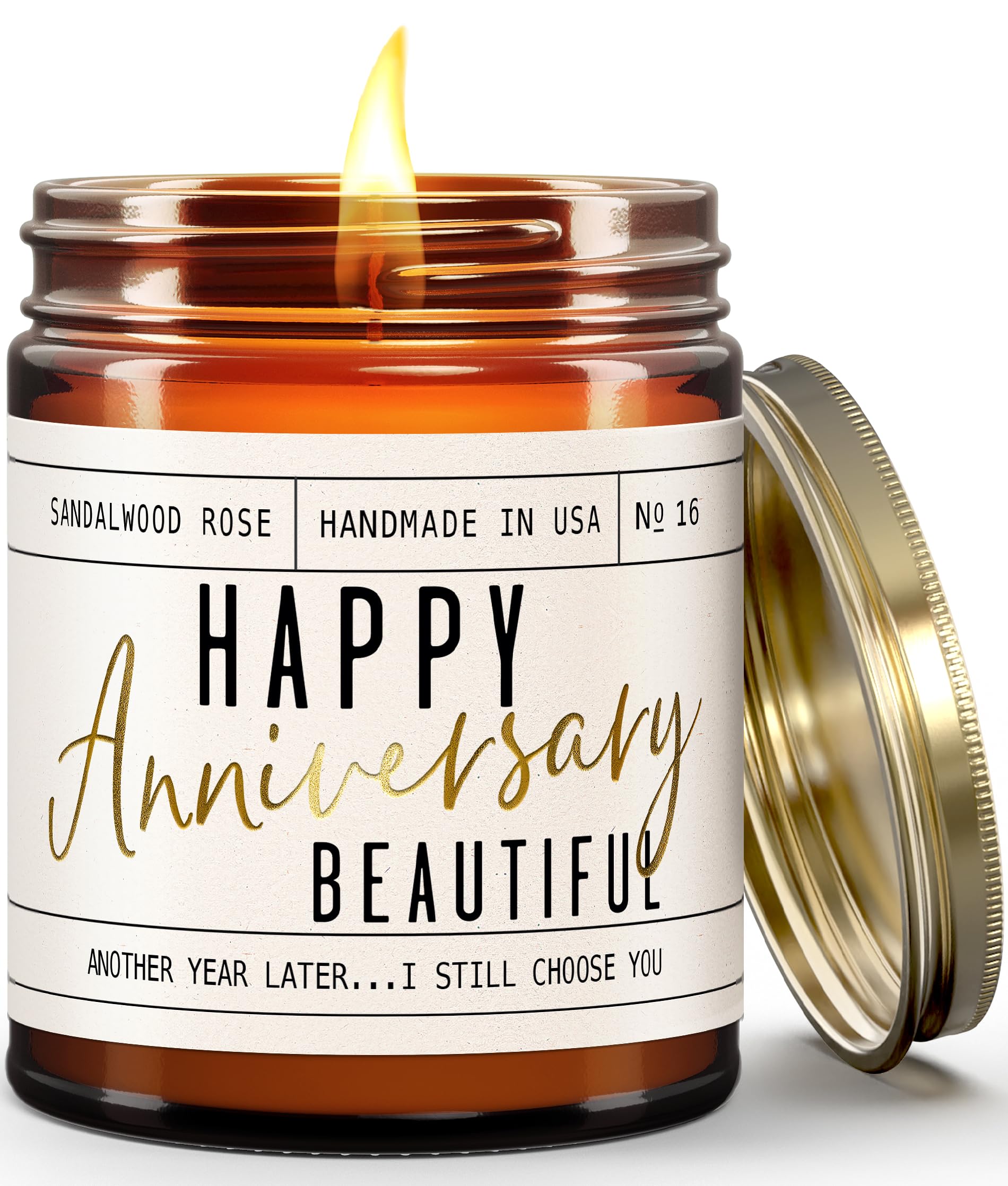 Vela Soy and Sass frontal con etiqueta aniversario y diseño elegante