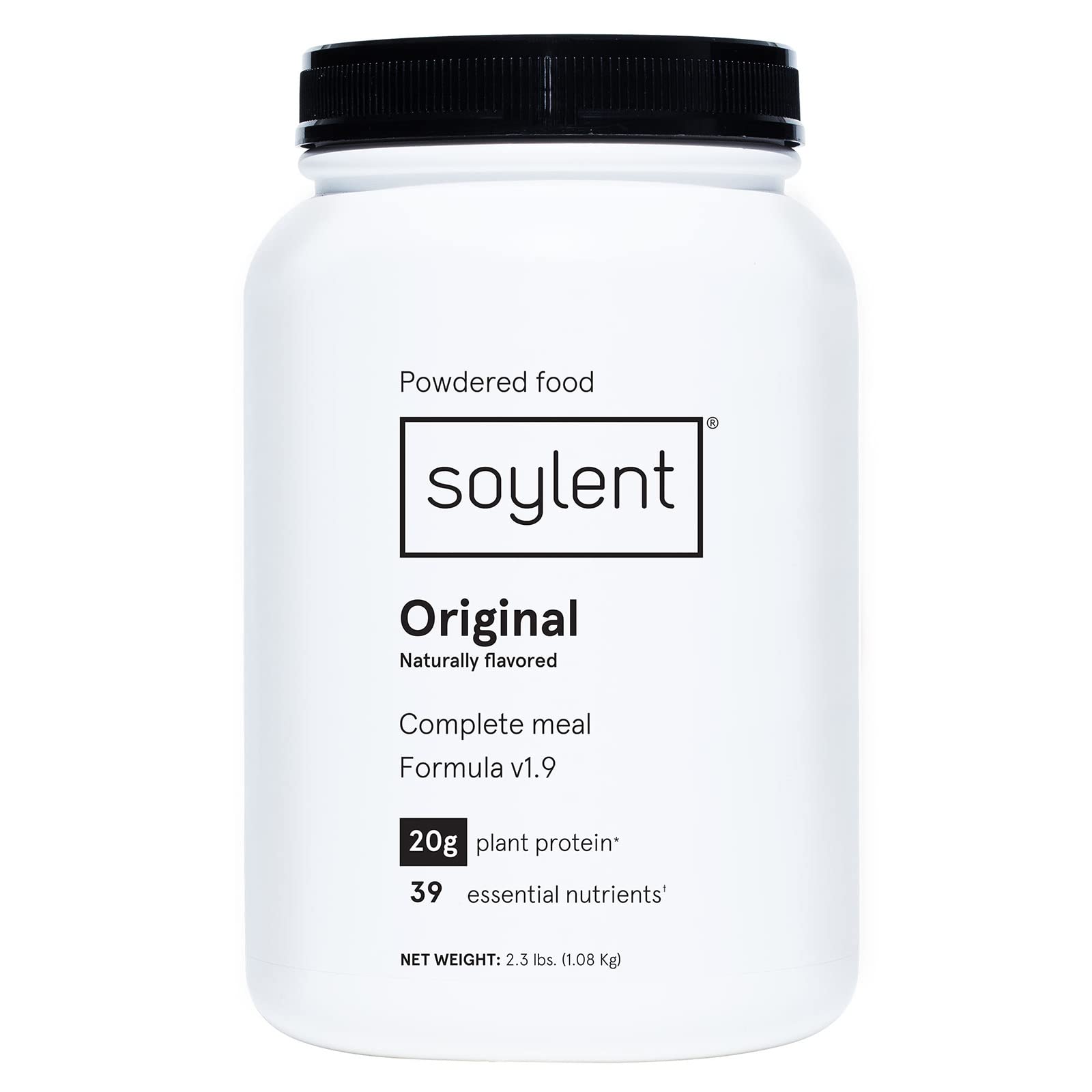 Soylent envase frontal 36.8 oz mostrando etiqueta y beneficios clave