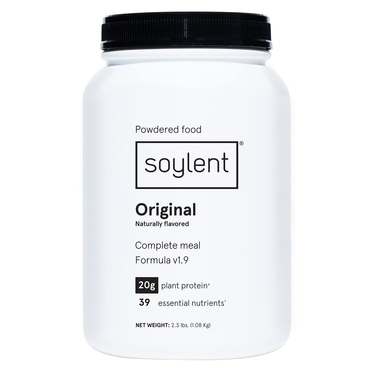 Soylent envase frontal 36.8 oz mostrando etiqueta y beneficios clave
