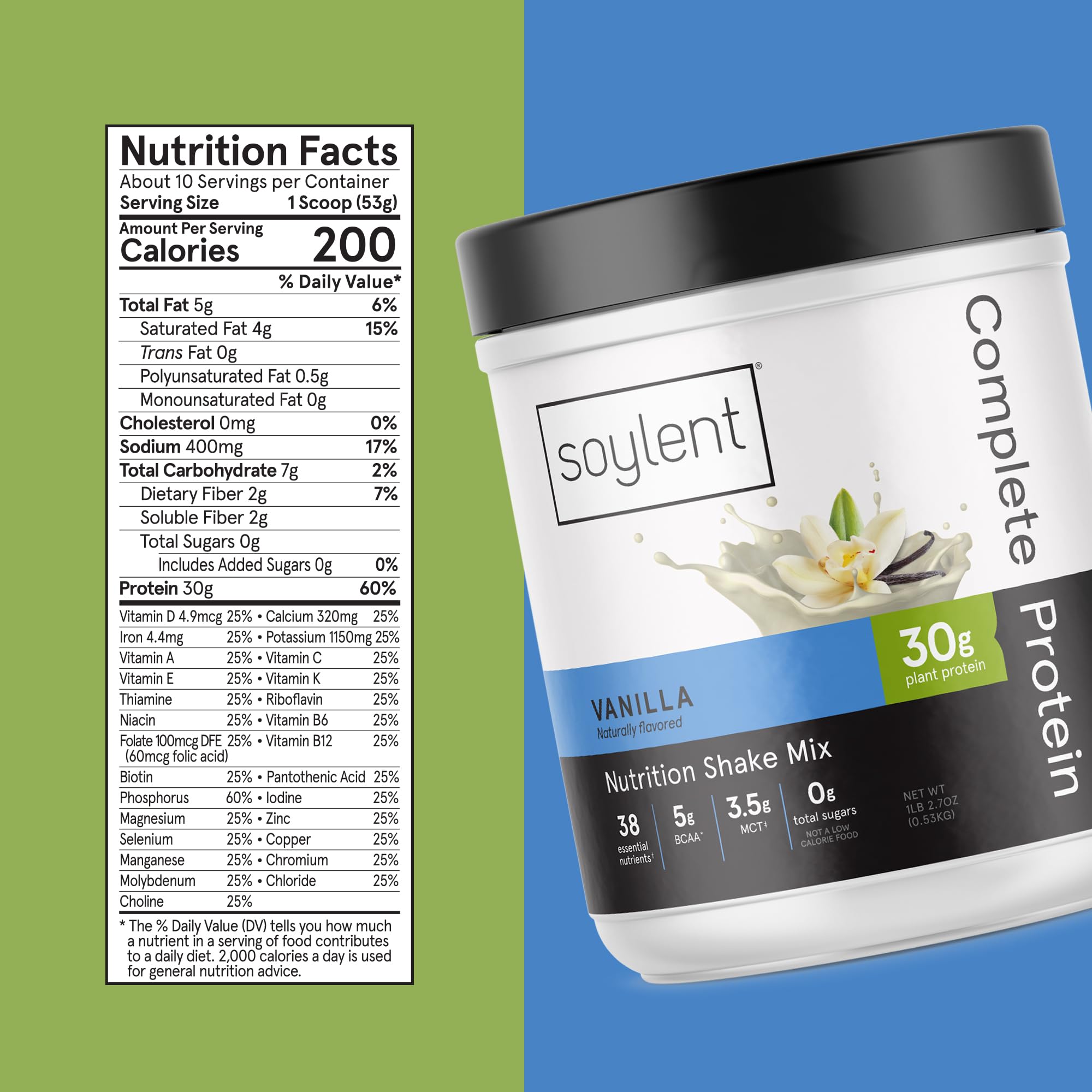 Soylent etiqueta nutricional detalle con vitaminas y 0 g azúcar