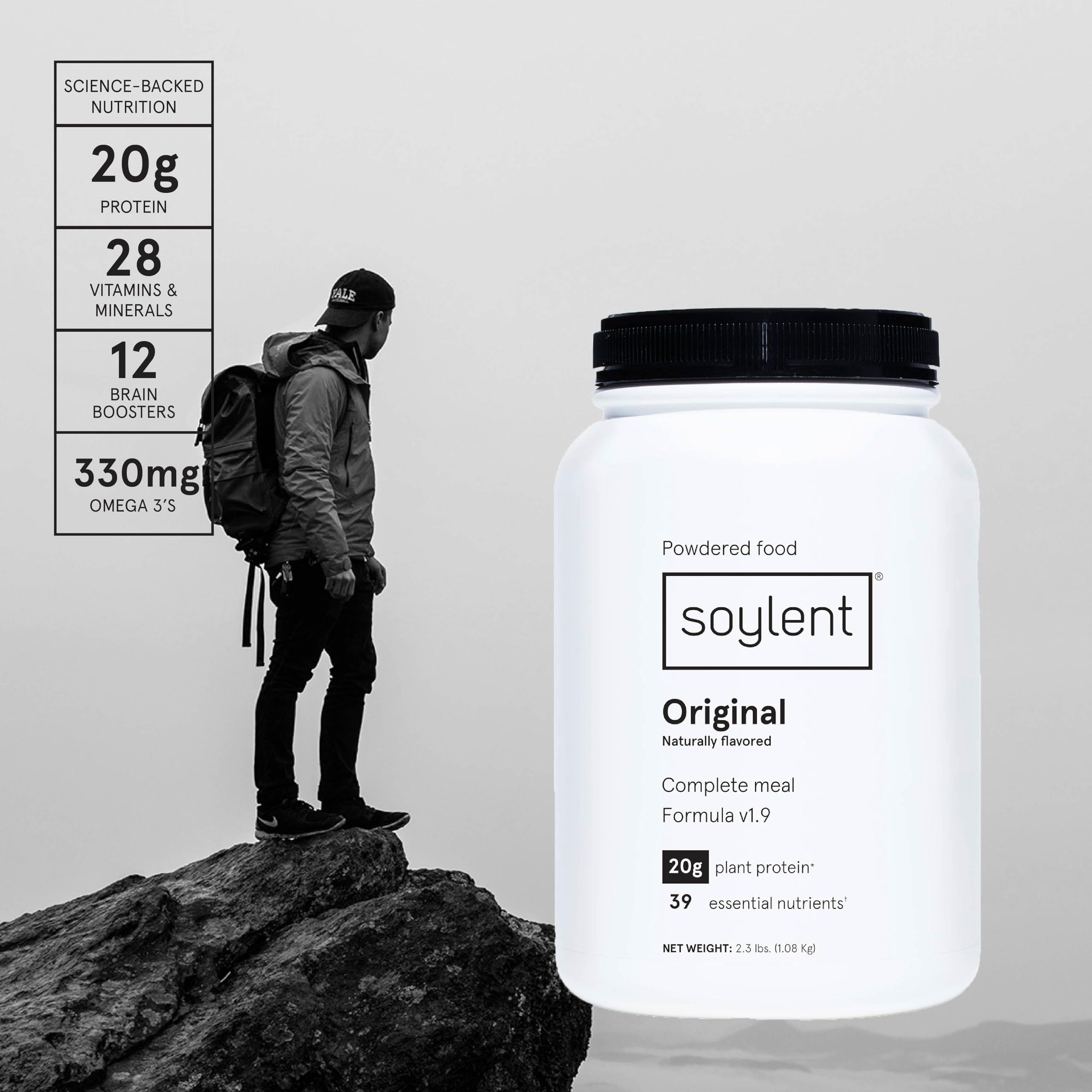 Soylent primer plano del polvo vegetal mostrando textura cremosa y mezcla fácil