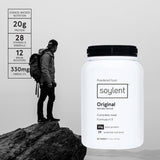 Soylent primer plano del polvo vegetal mostrando textura cremosa y mezcla fácil