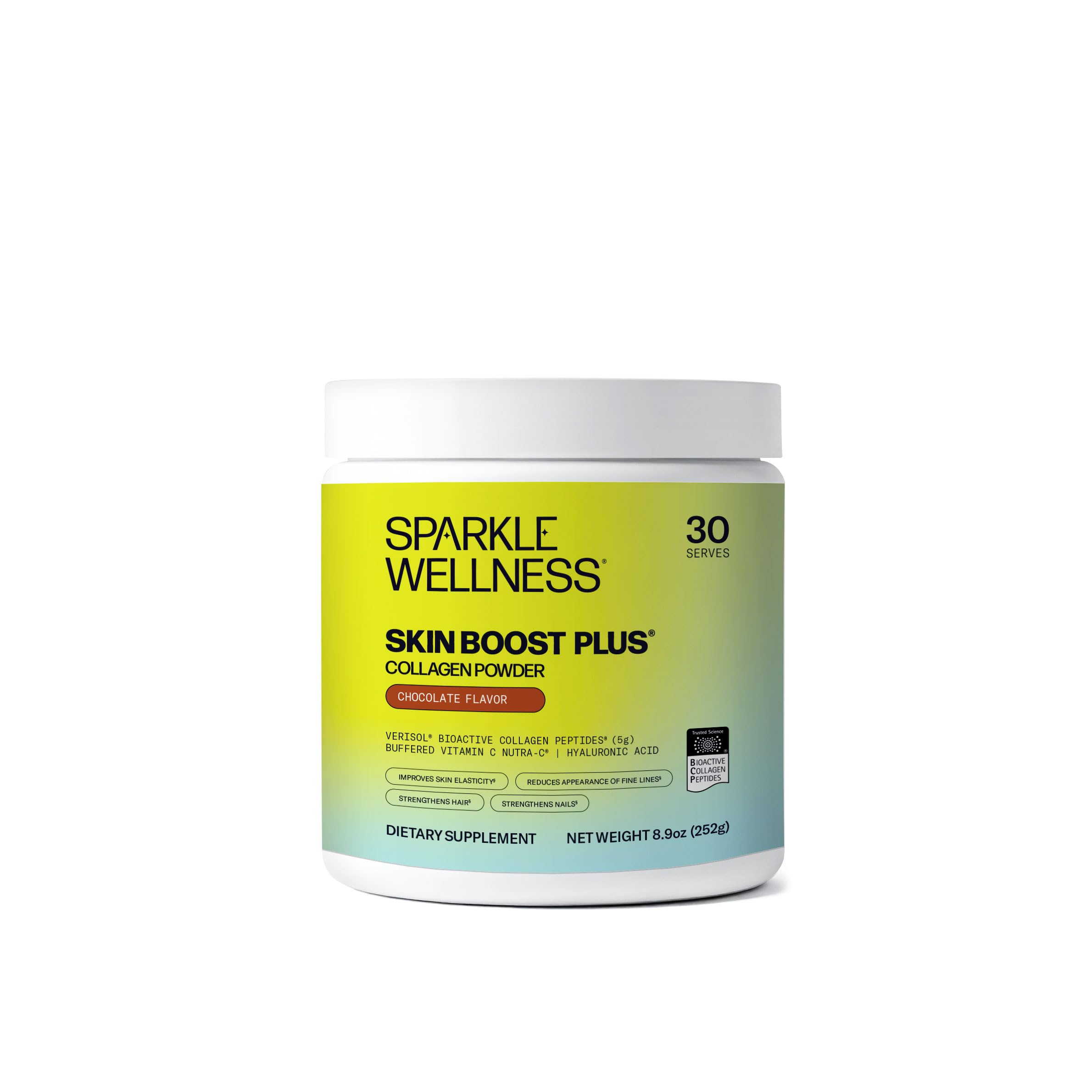 Sparkle Wellness envase frontal mostrando diseño y sabor chocolate
