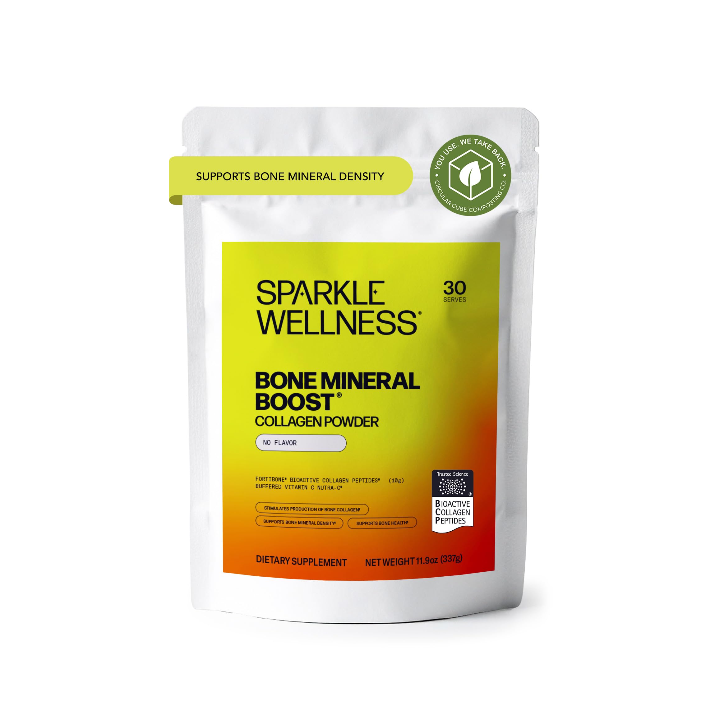 Sparkle Wellness frasco frontal que muestra producto sin sabor y beneficios óseos