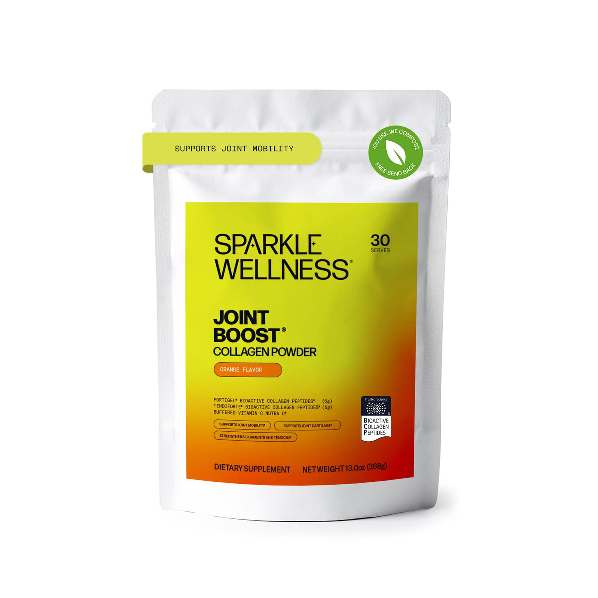 Sparkle Wellness envase frontal mostrando fórmula naranja y beneficio movilidad