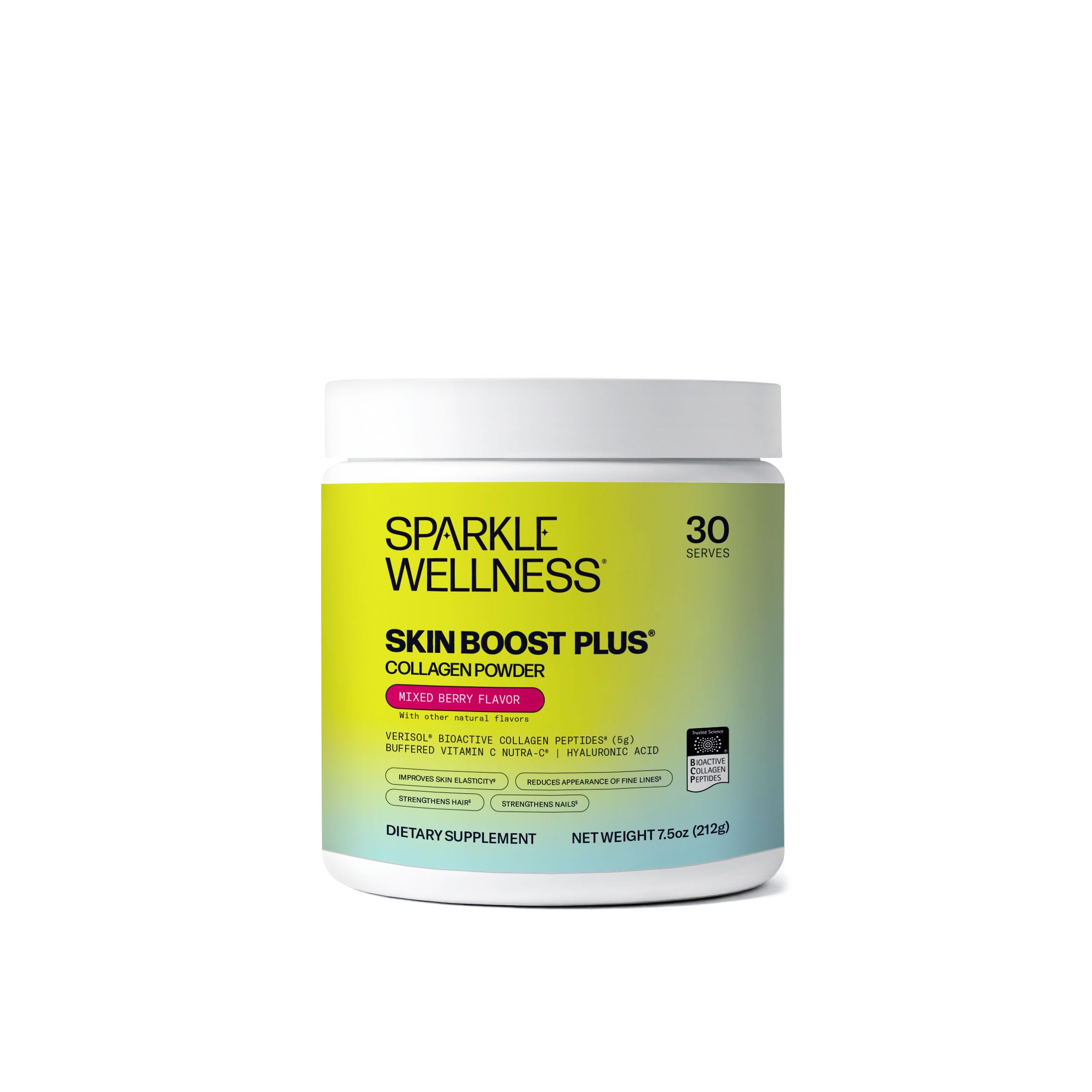 Sparkle Wellness frasco delantero mostrando etiqueta y beneficios