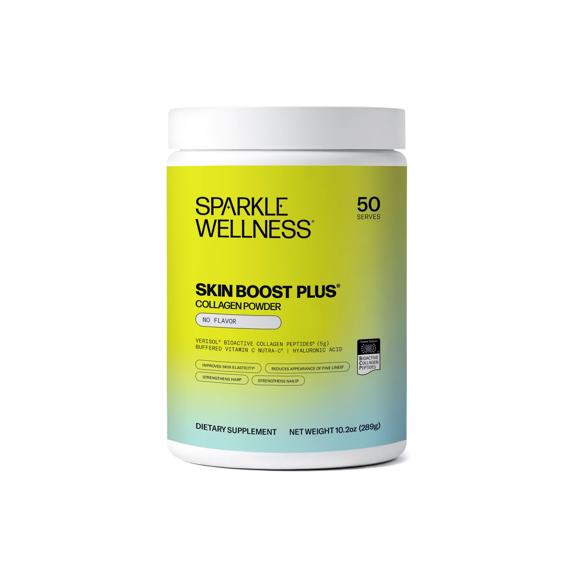 Sparkle Wellness envase frontal que muestra uso diario y beneficios visibles