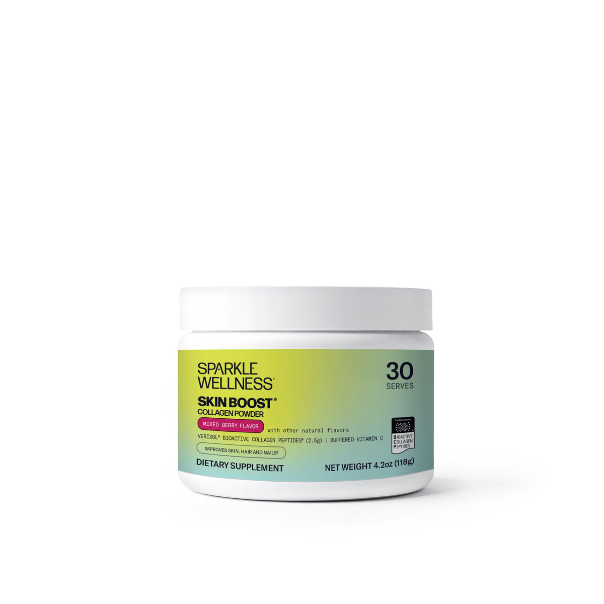Sparkle Wellness frasco frontal mostrando sabor Mixed Berry y beneficios para la piel