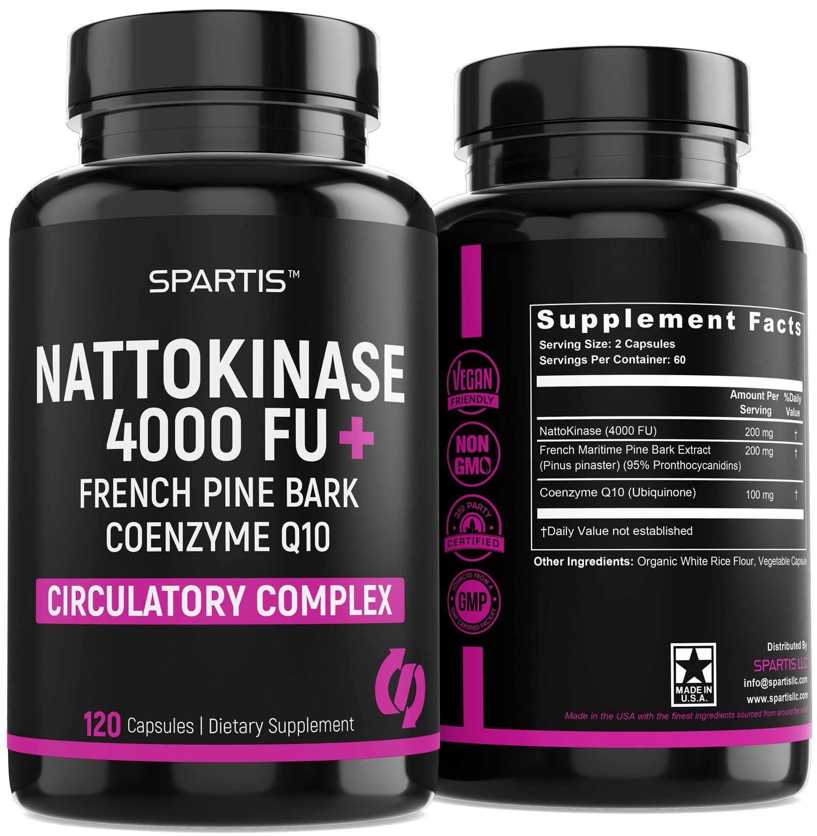 SPARTIS frasco frontal con nattokinase y CoQ10 mostrando sello de calidad
