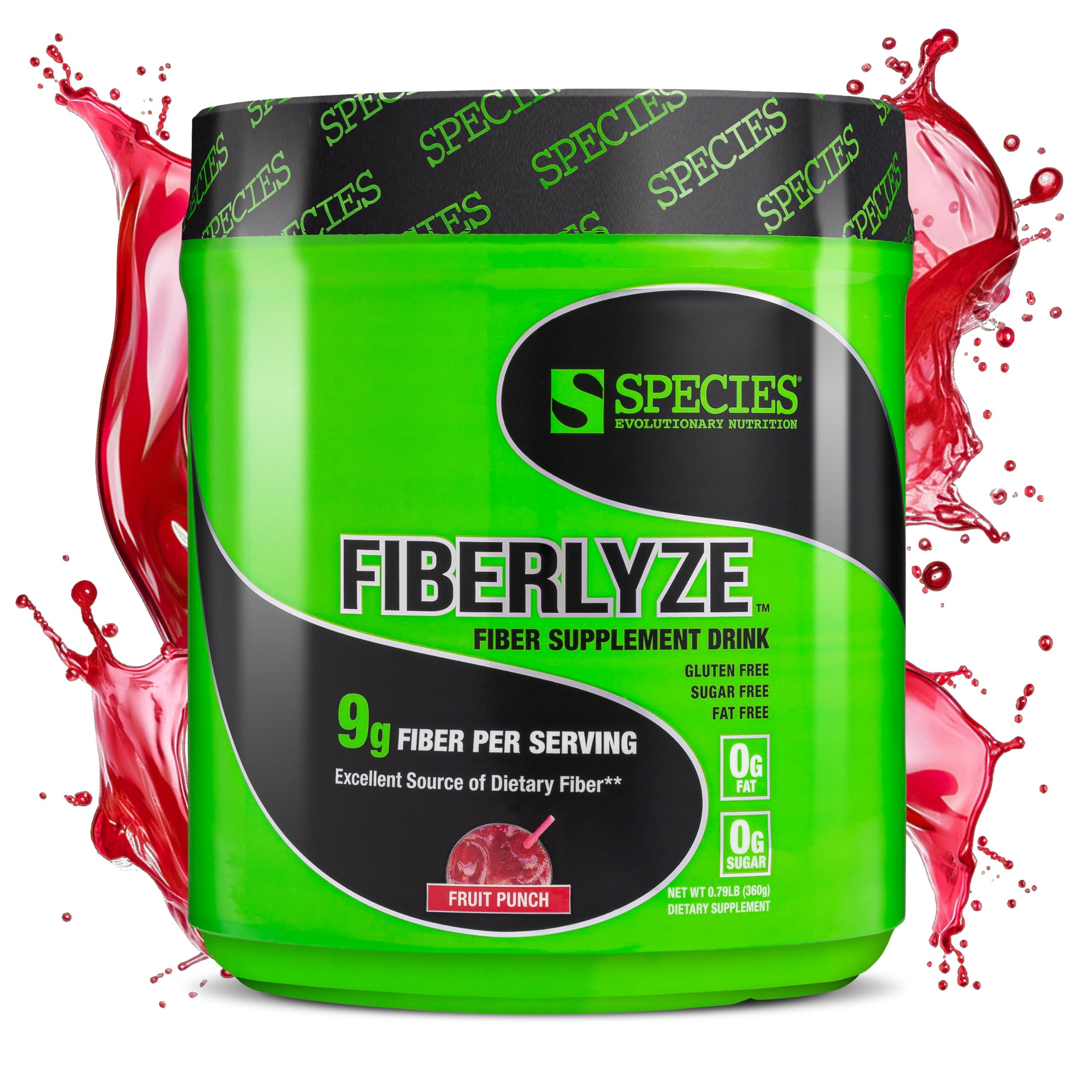 Species Nutrition empaque frontal de Fiberlyze Fruit Punch mostrando etiquetas y beneficios