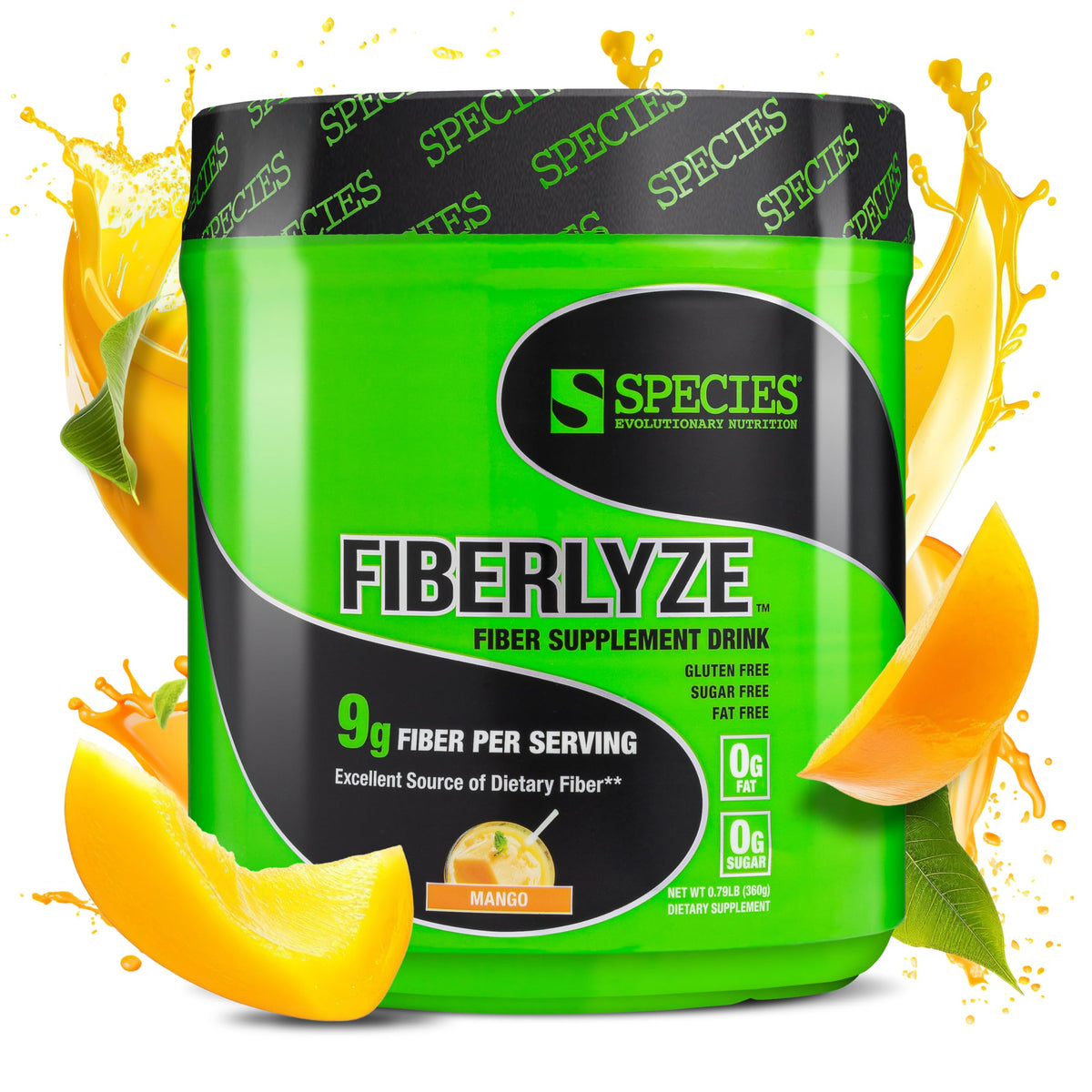 Species Nutrition envase Fiberlyze mango frente, identificación clara del producto