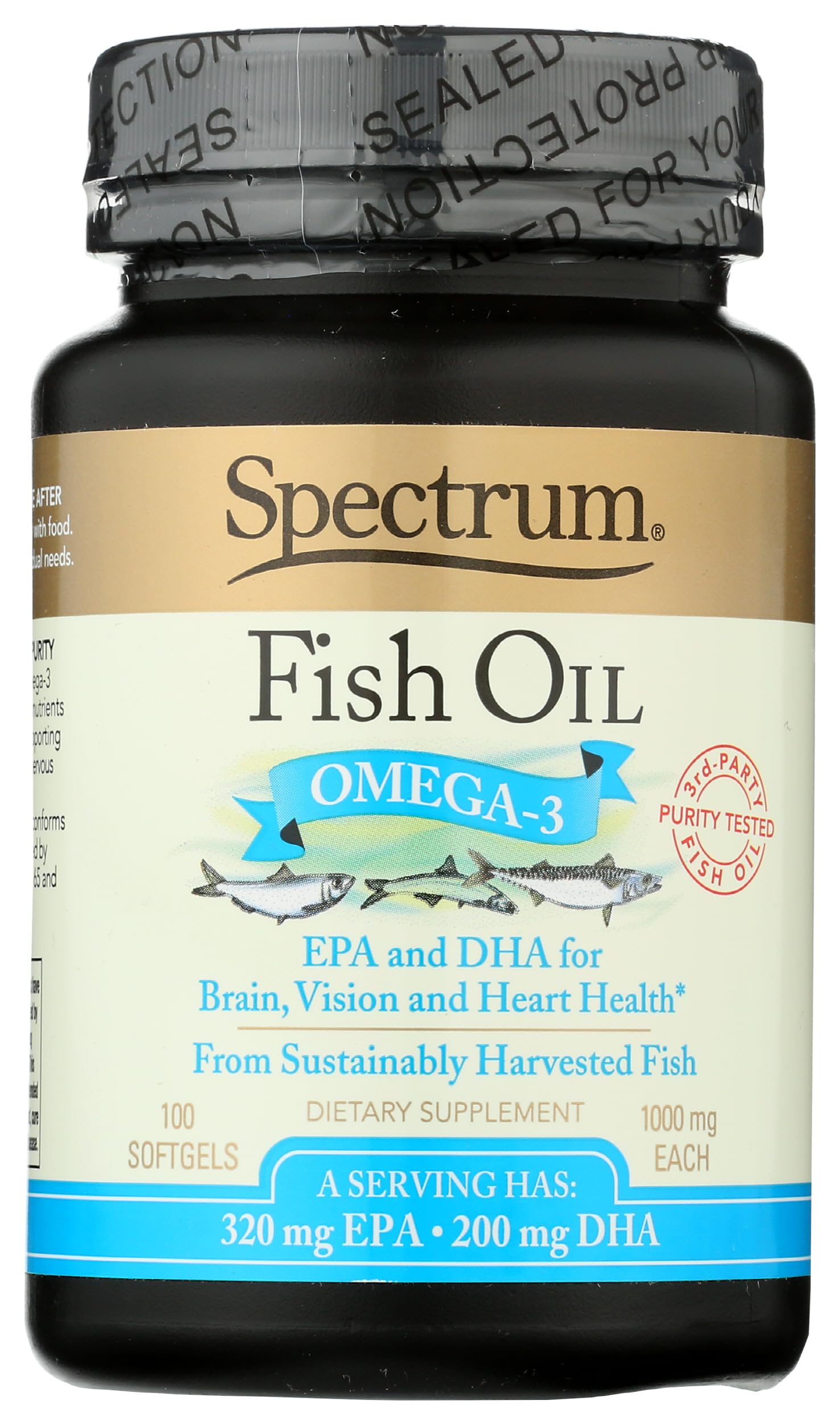 Spectrum fish oil vista frontal del frasco, presentación clara y confianza