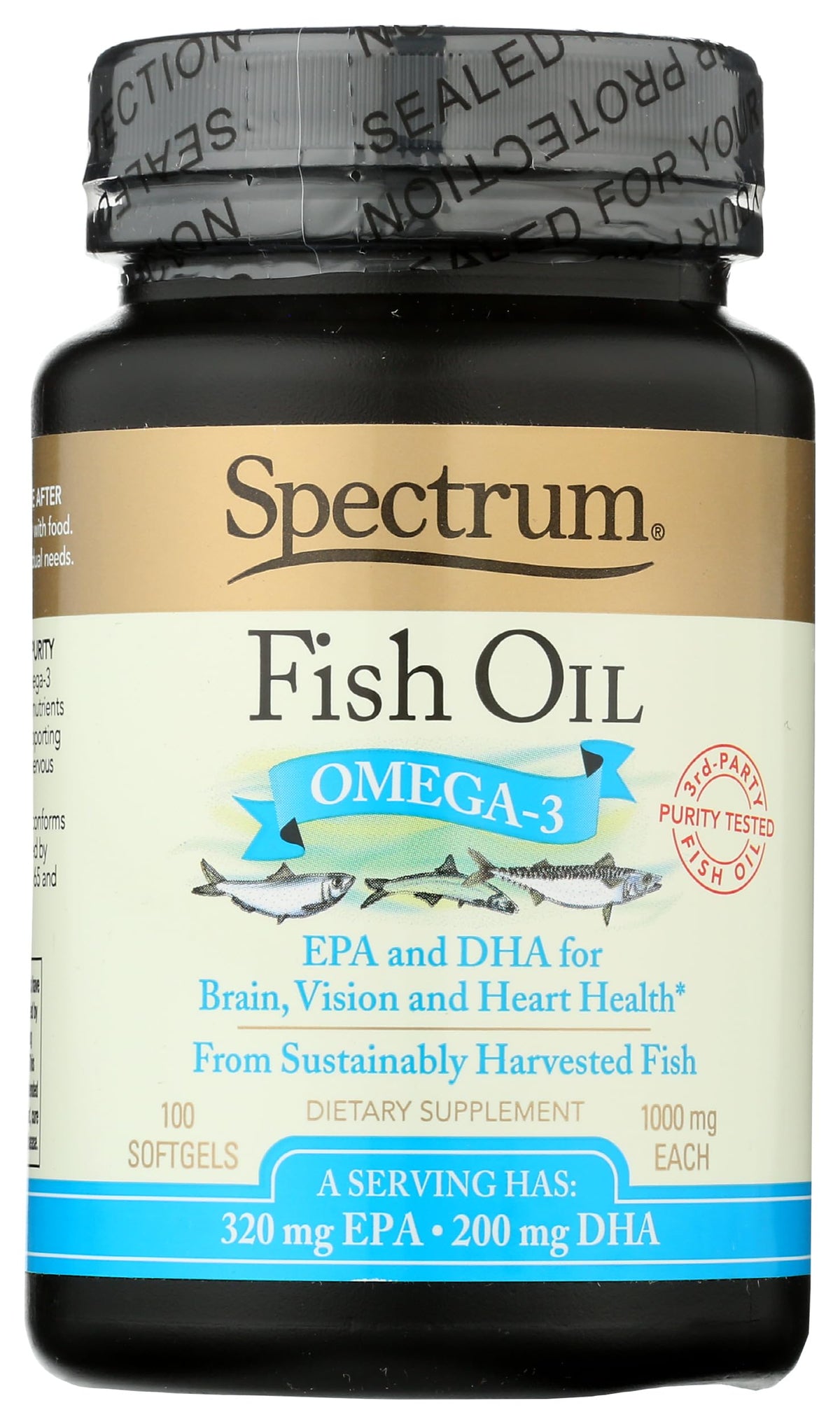 Spectrum fish oil vista frontal del frasco, presentación clara y confianza