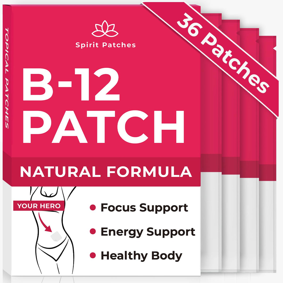 Spirit Patches paquete frontal muestra 36 parches y beneficios rápidos