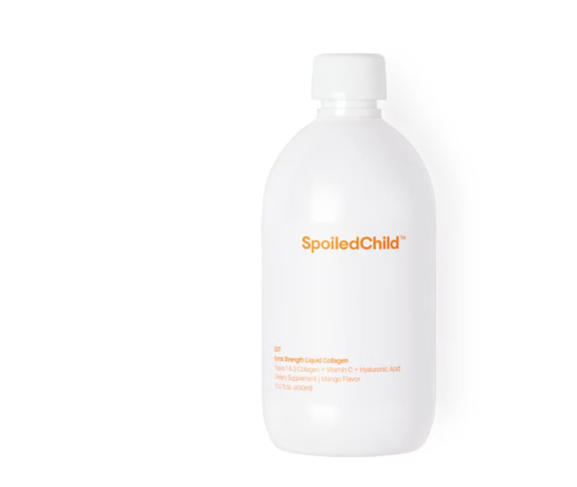 SpoiledChild envase frontal del colágeno líquido mango con etiqueta clara y beneficios visibles