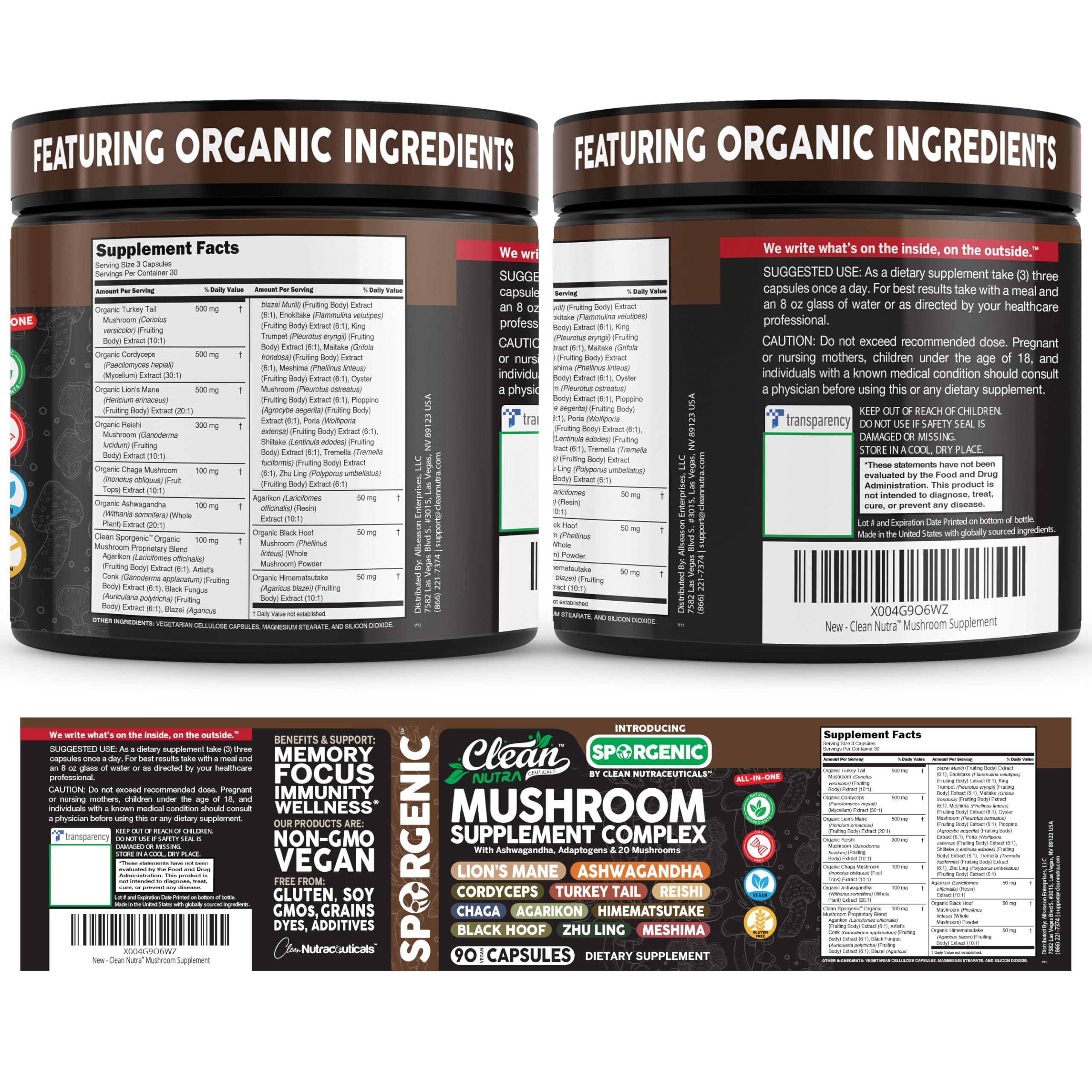 Clean Nutraceuticals botella con ingredientes secos exhibiendo variedad