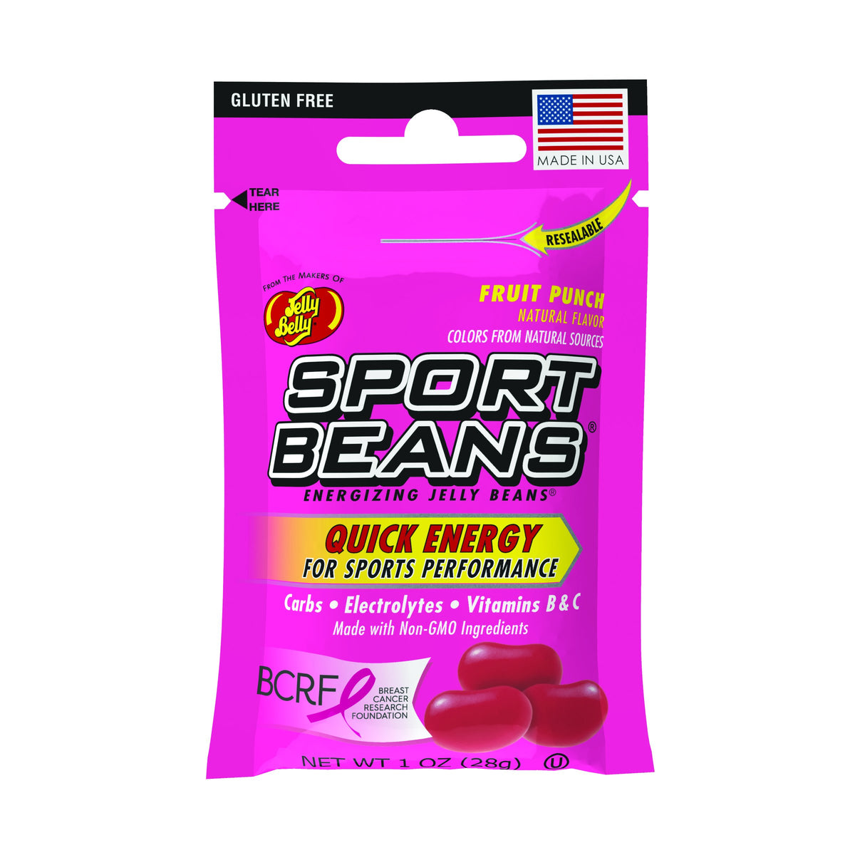 SPORT BEANS empaque frontal reseñando bolsitas resellables y conveniencia