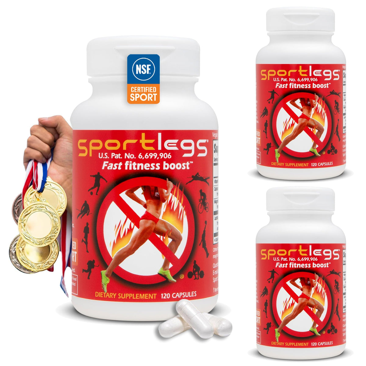 SPORTLEGS envase frontal mostrando 120 cápsulas y beneficios inmediatos