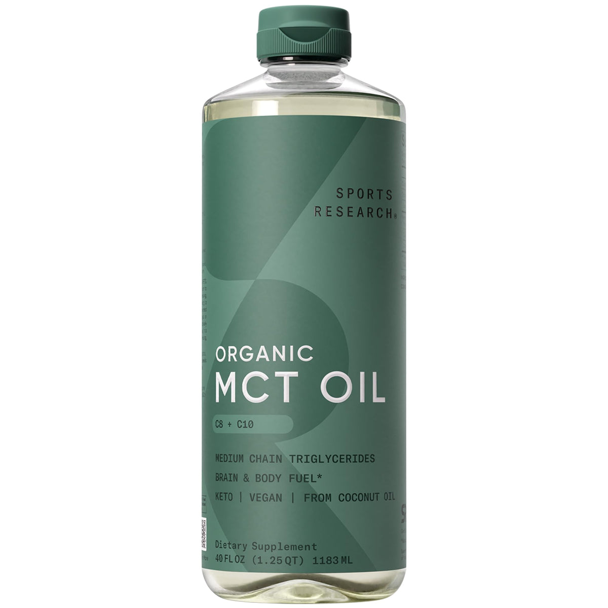 Sports Research aceite MCT frente del envase, beneficio claridad y pureza