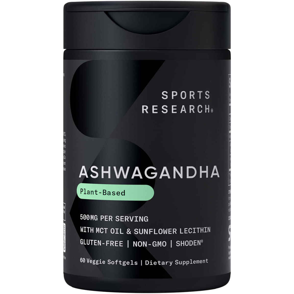 Sports Research envase frontal mostrando Ashwagandha y beneficio de relax