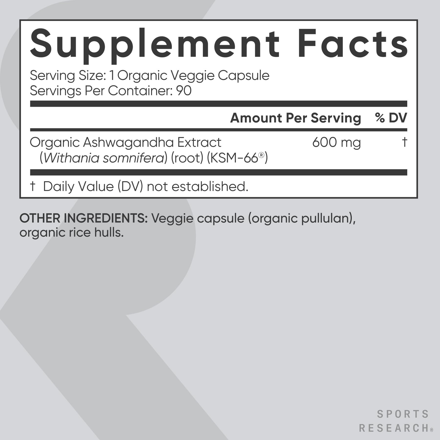 Sports Research etiqueta con KSM-66® y certificación orgánica visible