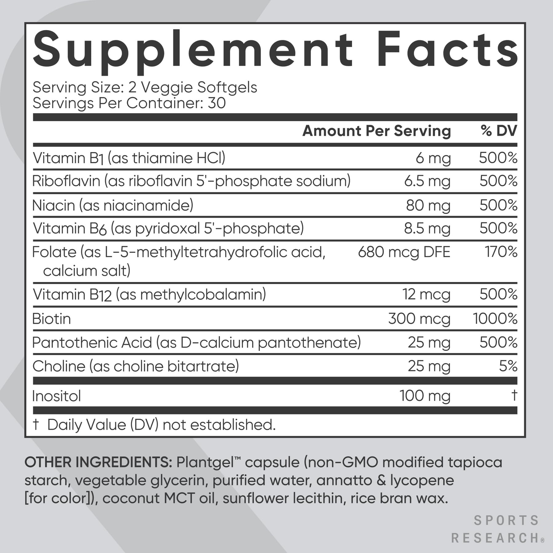 Sports Research etiqueta con ingredientes activos y formas de vitamina B destacadas