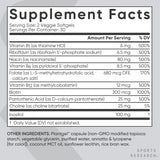 Sports Research etiqueta con ingredientes activos y formas de vitamina B destacadas