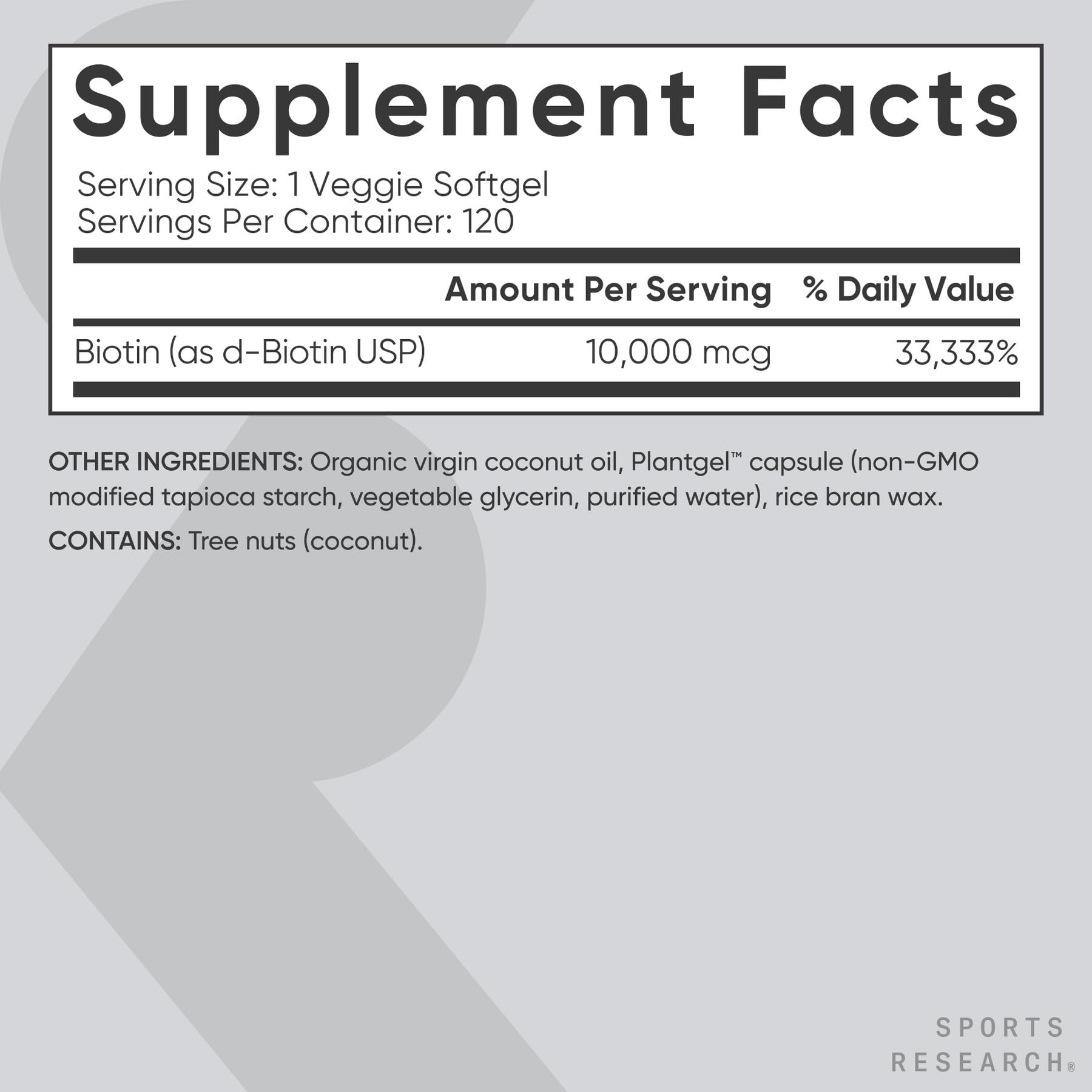 Sports Research etiqueta nutricional con detalle de 10,000 mcg por porción y transparencia