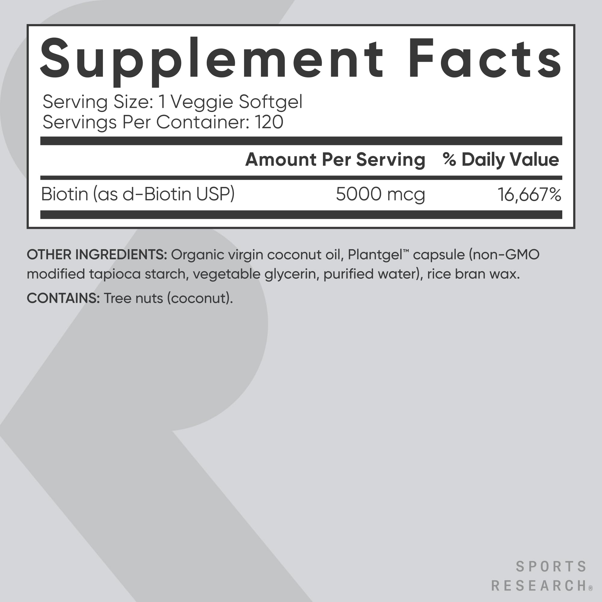 Etiqueta nutricional de Sports Research Biotin con información clara