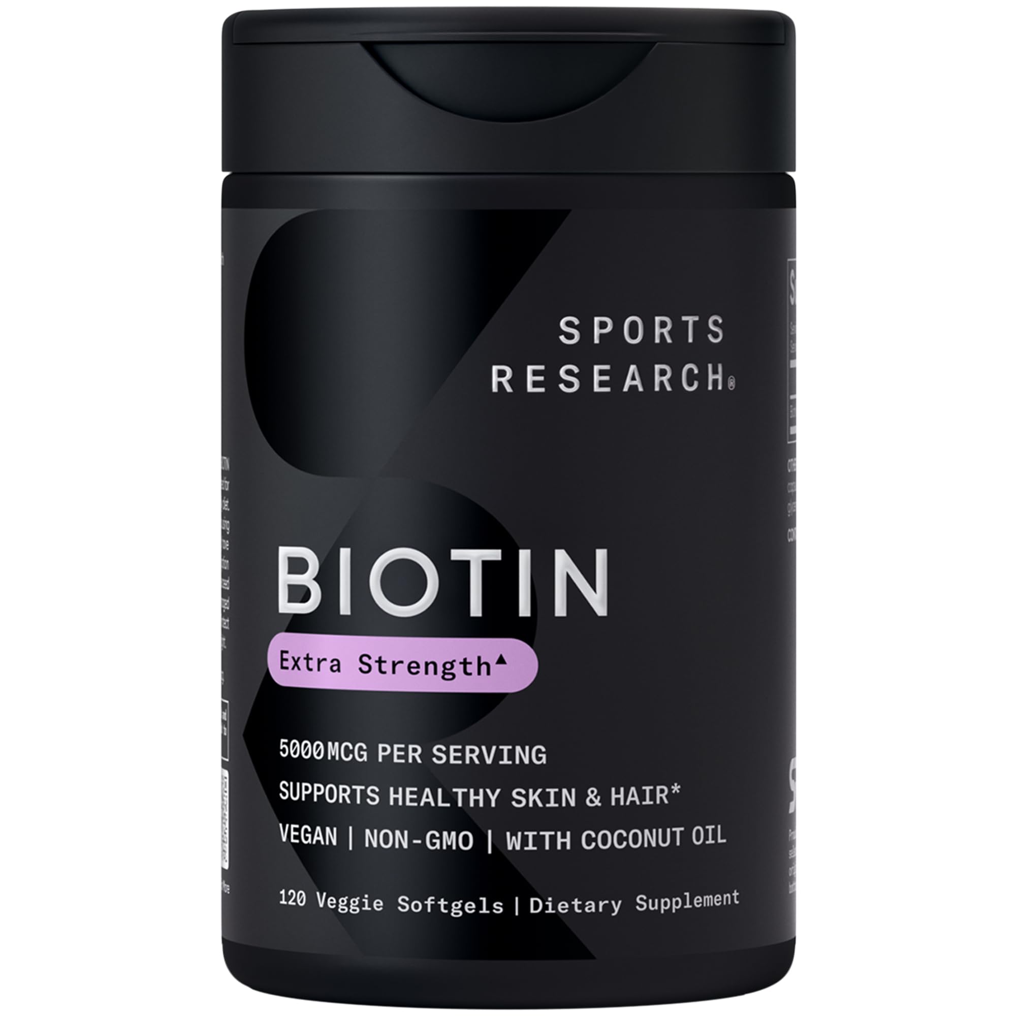 Sports Research bote frontal mostrando biotina 5,000 mcg y beneficios visibles