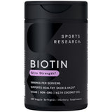 Sports Research bote frontal mostrando biotina 5,000 mcg y beneficios visibles
