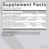 Sports Research etiqueta nutricional destacando vitaminas B y C para absorción
