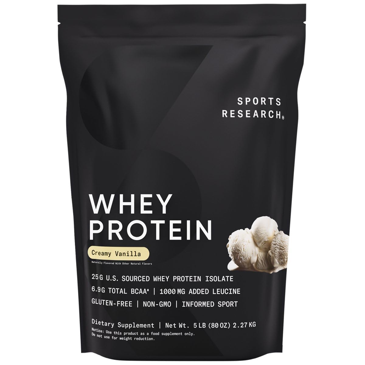 Sports Research bolsa frontal crema vainilla mostrando diseño y aporte proteico
