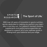 Sports Research envase abierto con softgels visibles enfatizando cantidad por frasco