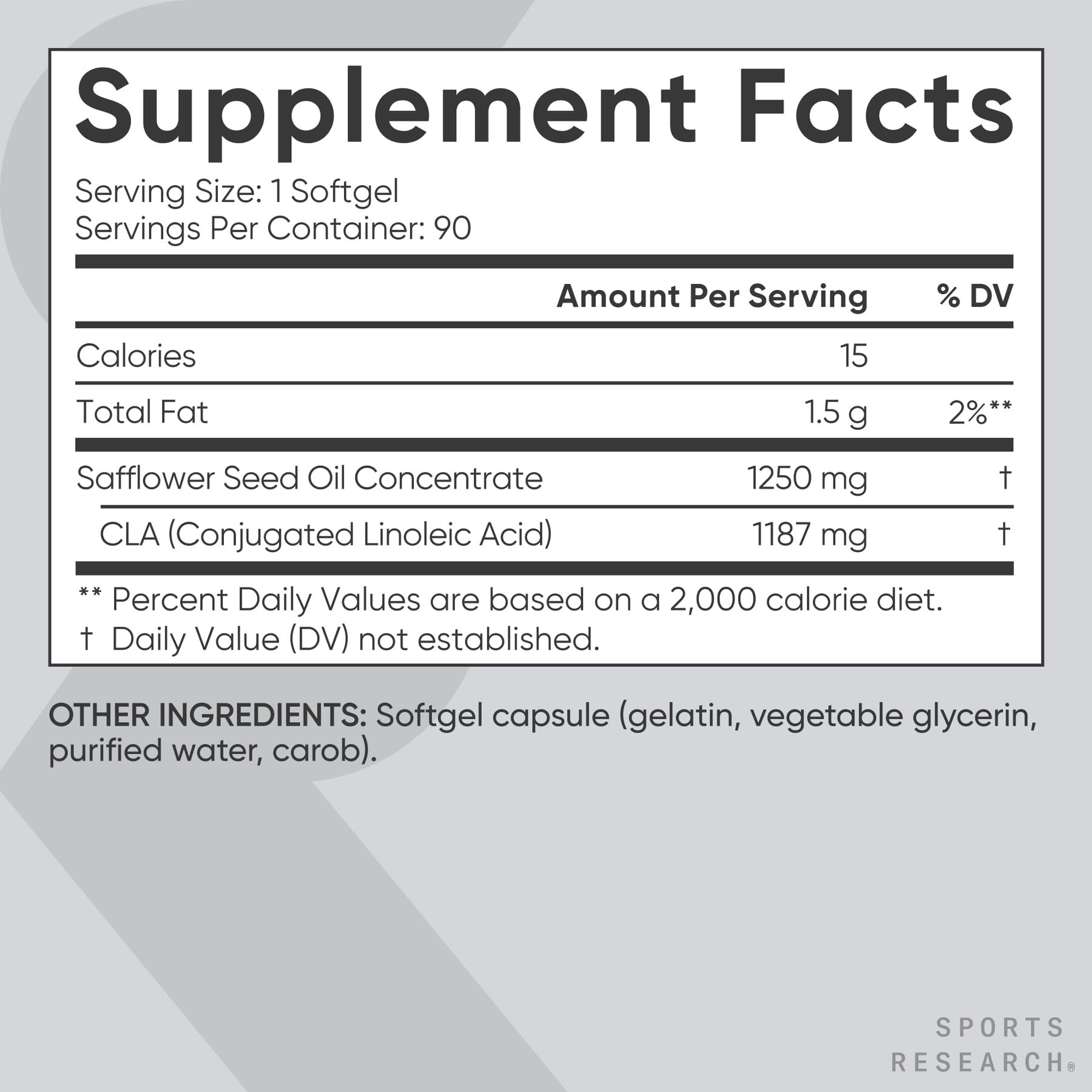 Sports Research etiqueta nutricional del CLA con información de 95% CLA activo