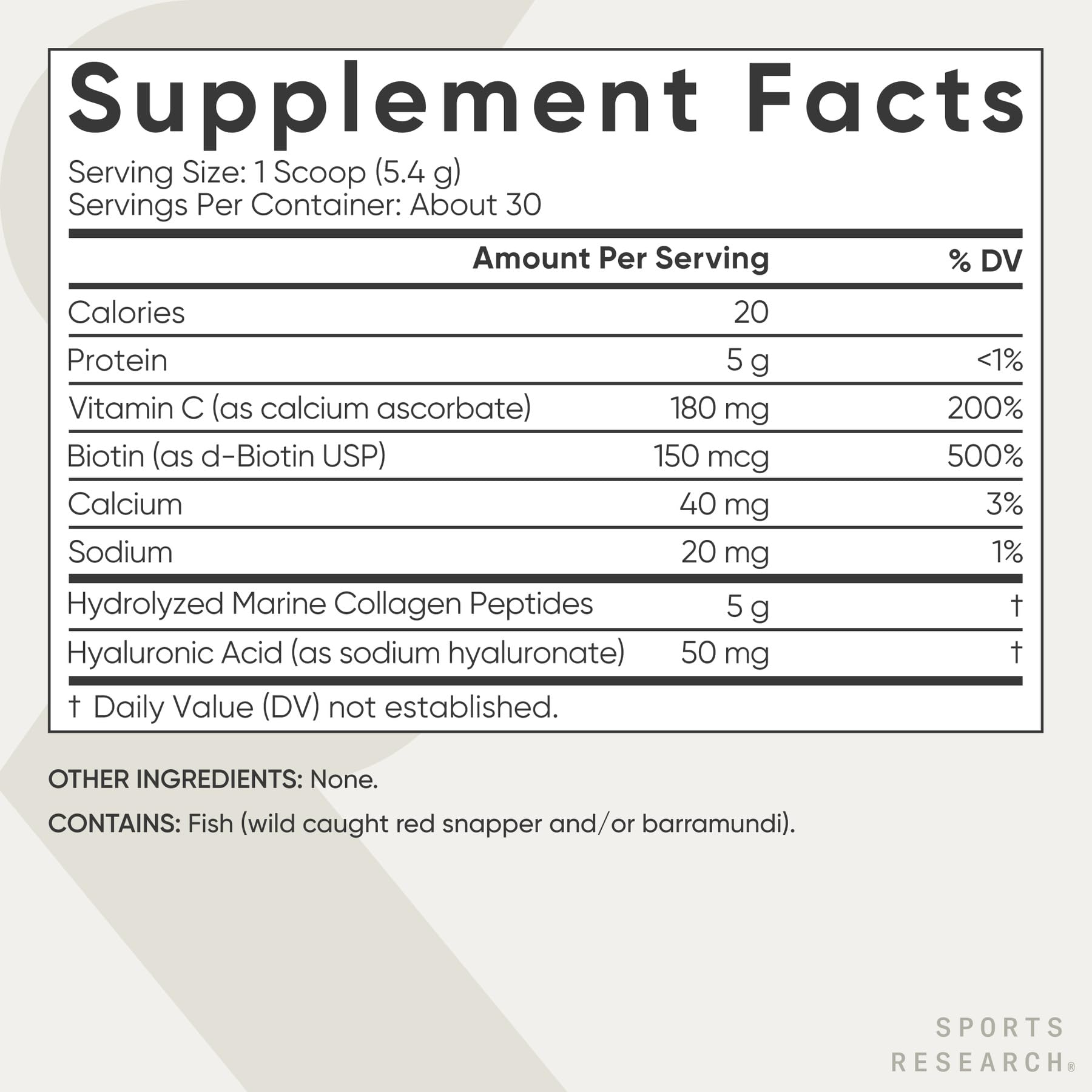 Sports Research etiqueta con ingredientes y certificaciones visibles