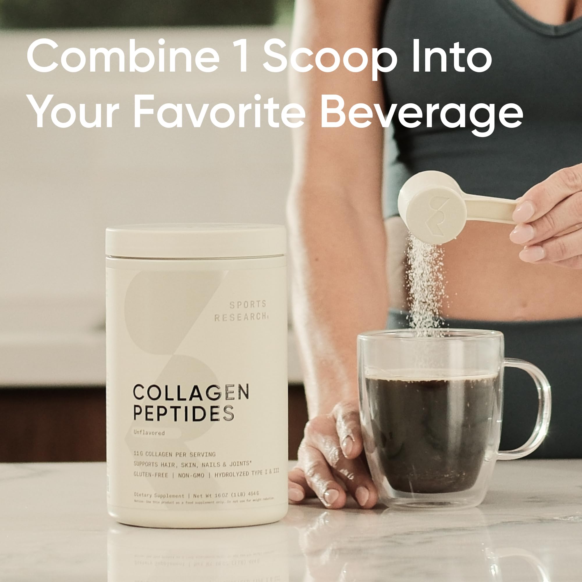 Café con colágeno Sports Research mezclado, mejora proteína sin cambiar sabor