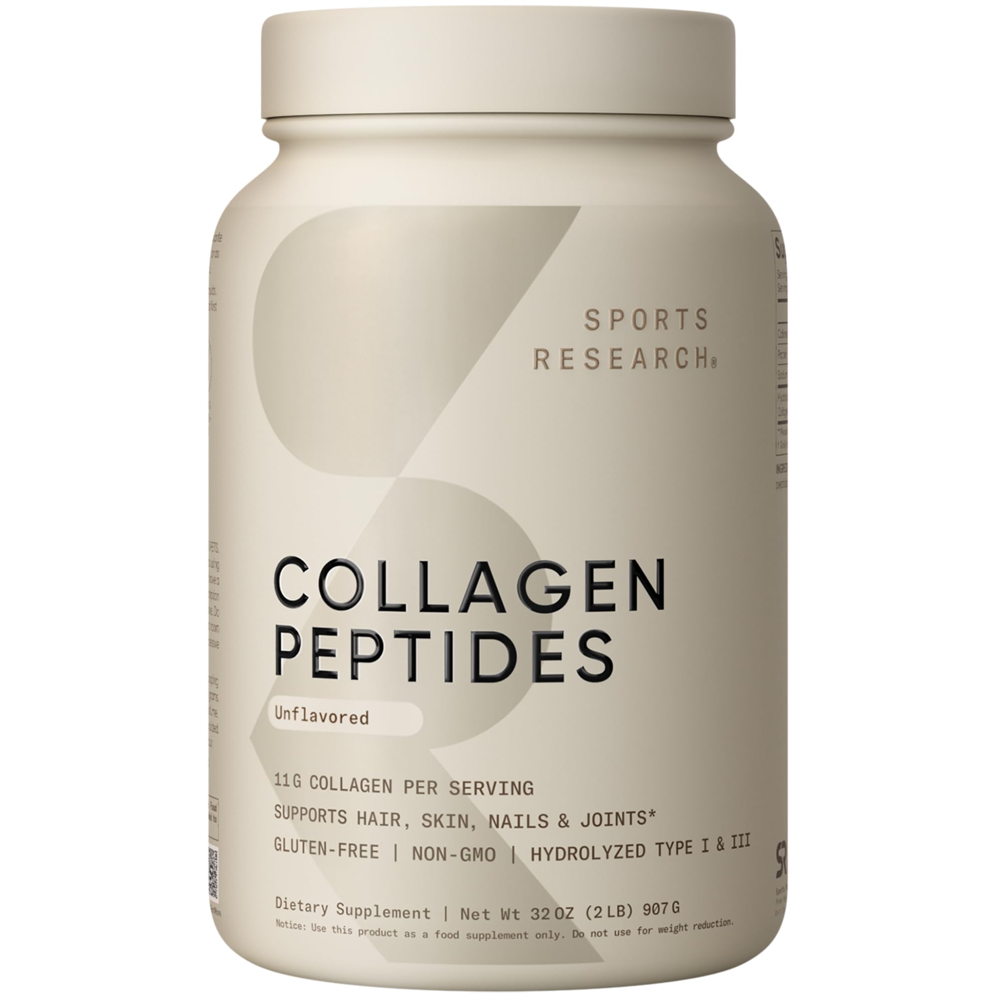 Sports Research frente del envase mostrando 2 lb y sin sabor, práctico para uso diario