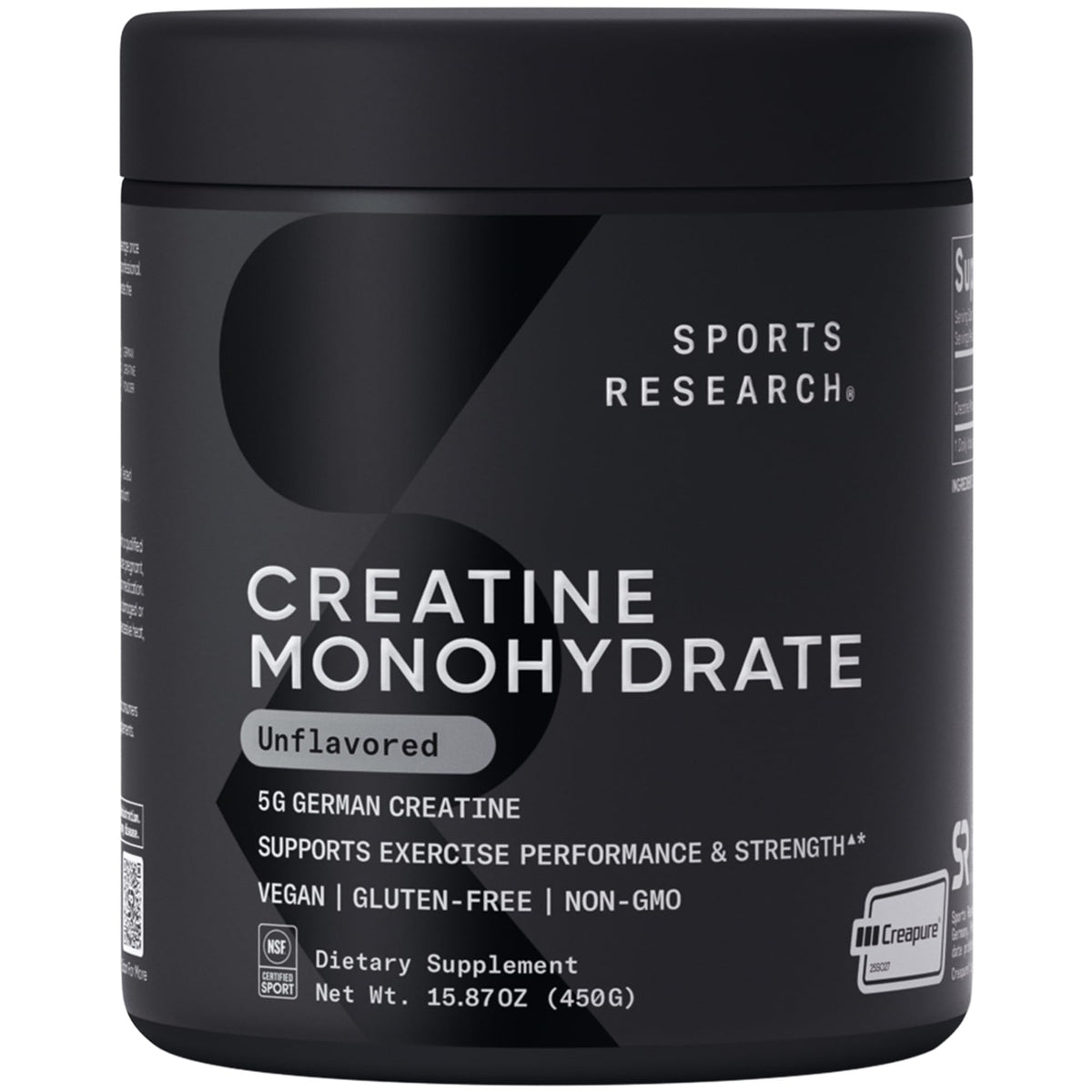 Sports Research envase frontal Creapure, creatina pura y confiable