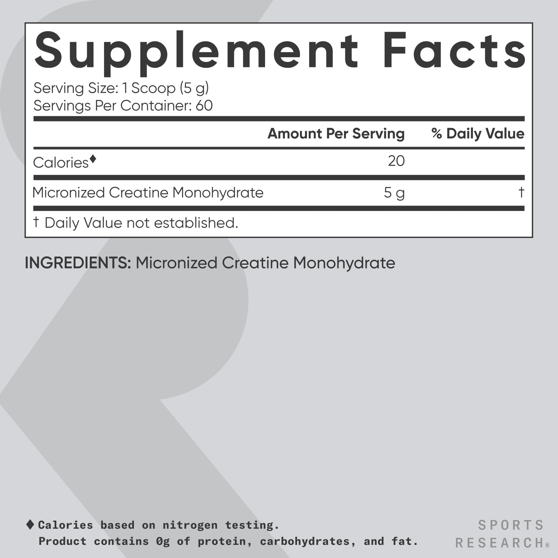 Sports Research etiqueta con información nutricional y certificaciones, transparencia