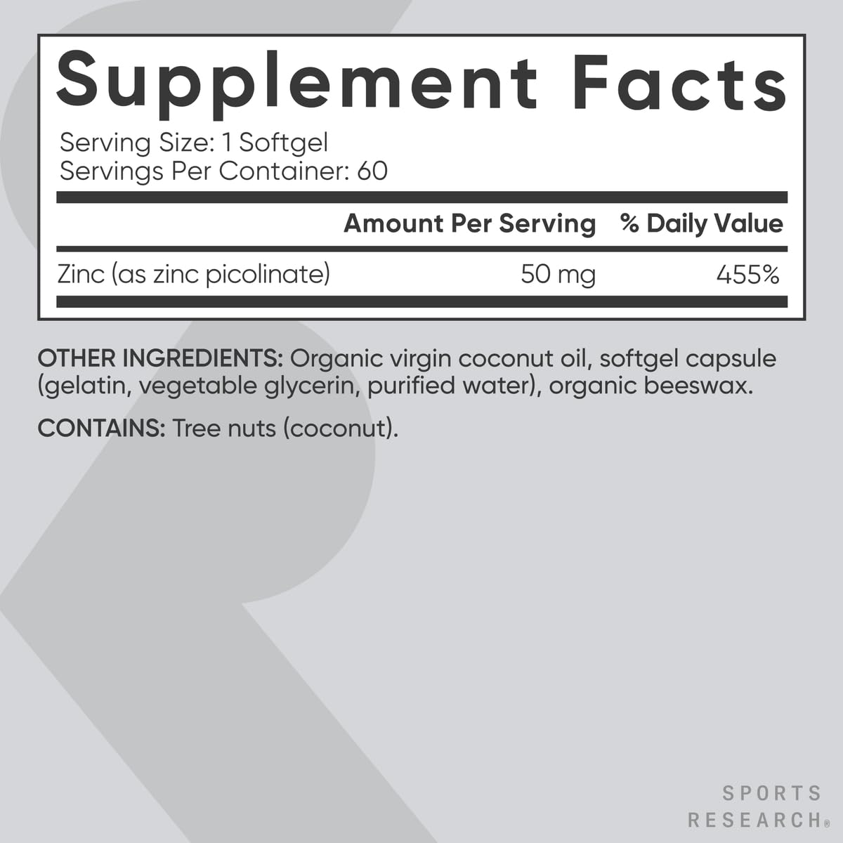 Sports Research envase abierto con 60 softgels indicando cantidad por frasco